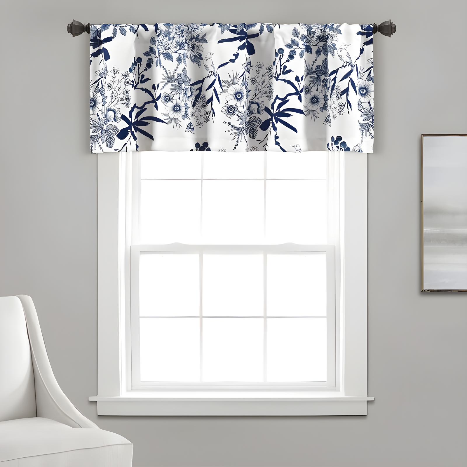 Navy and White Floral Botanical Garden Window Valance
