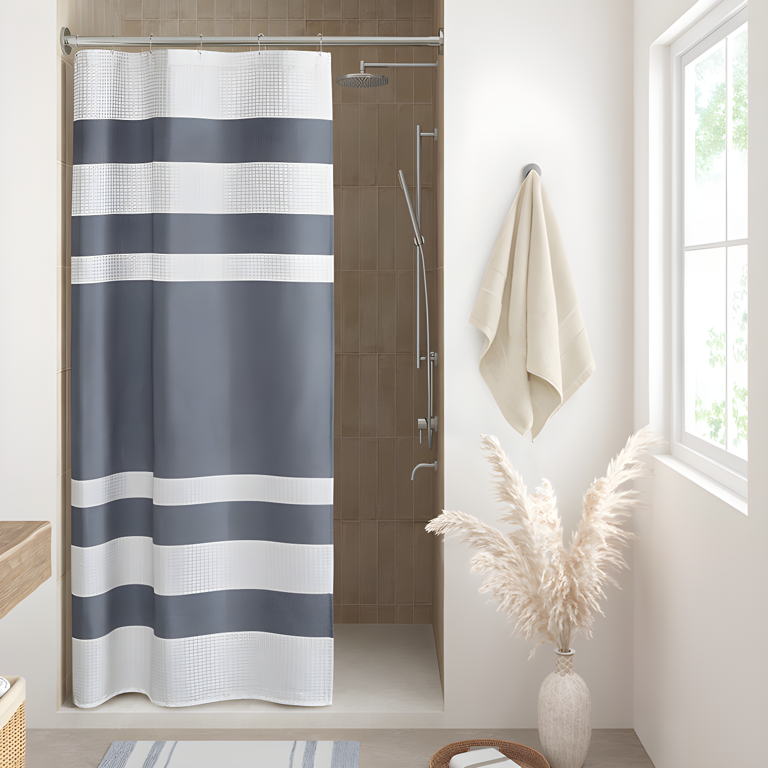 Dark Blue and White Striped Fabric Shower Curtain