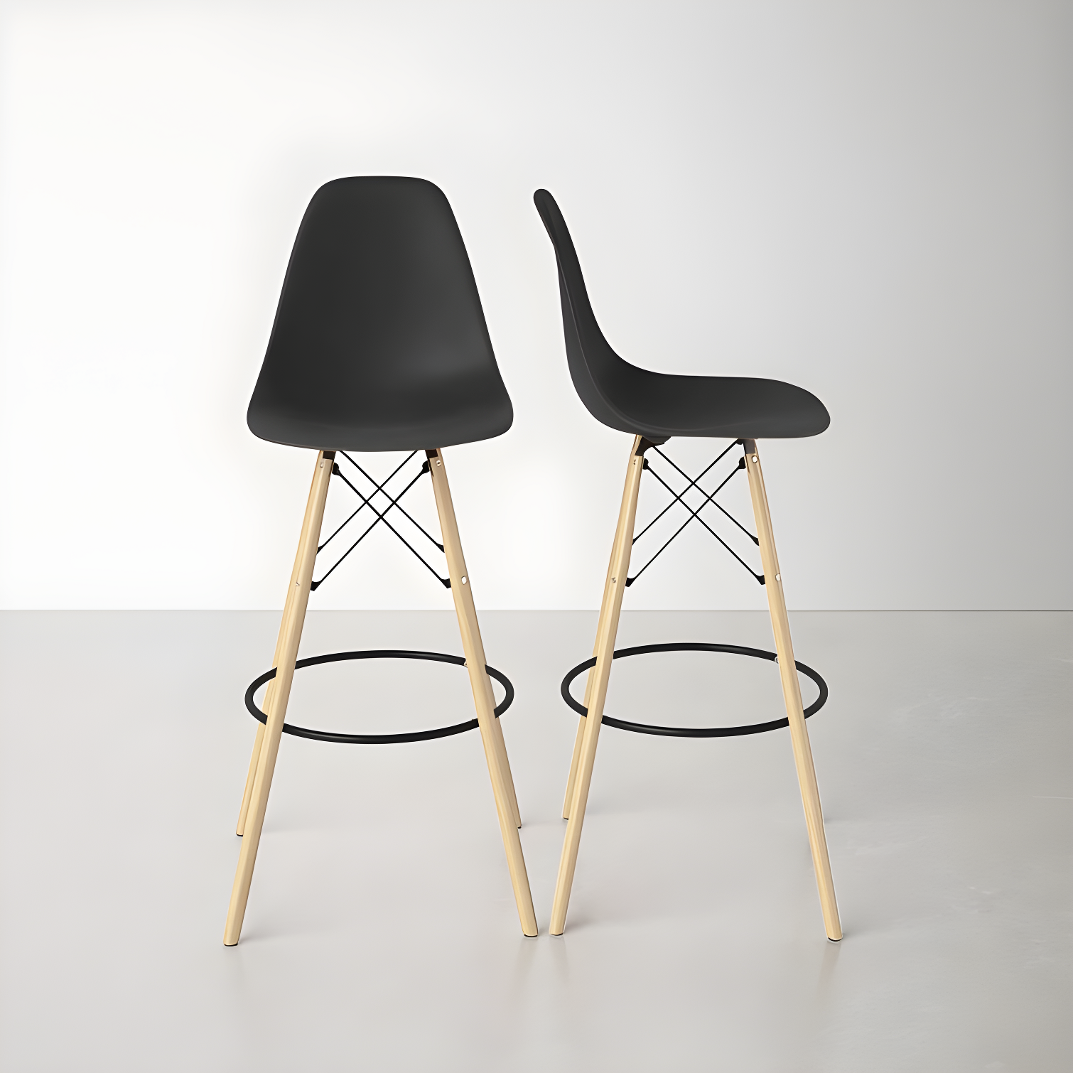 ErgoCurve Modern Black Acrylic Barstool with Wooden Legs, Set of 2