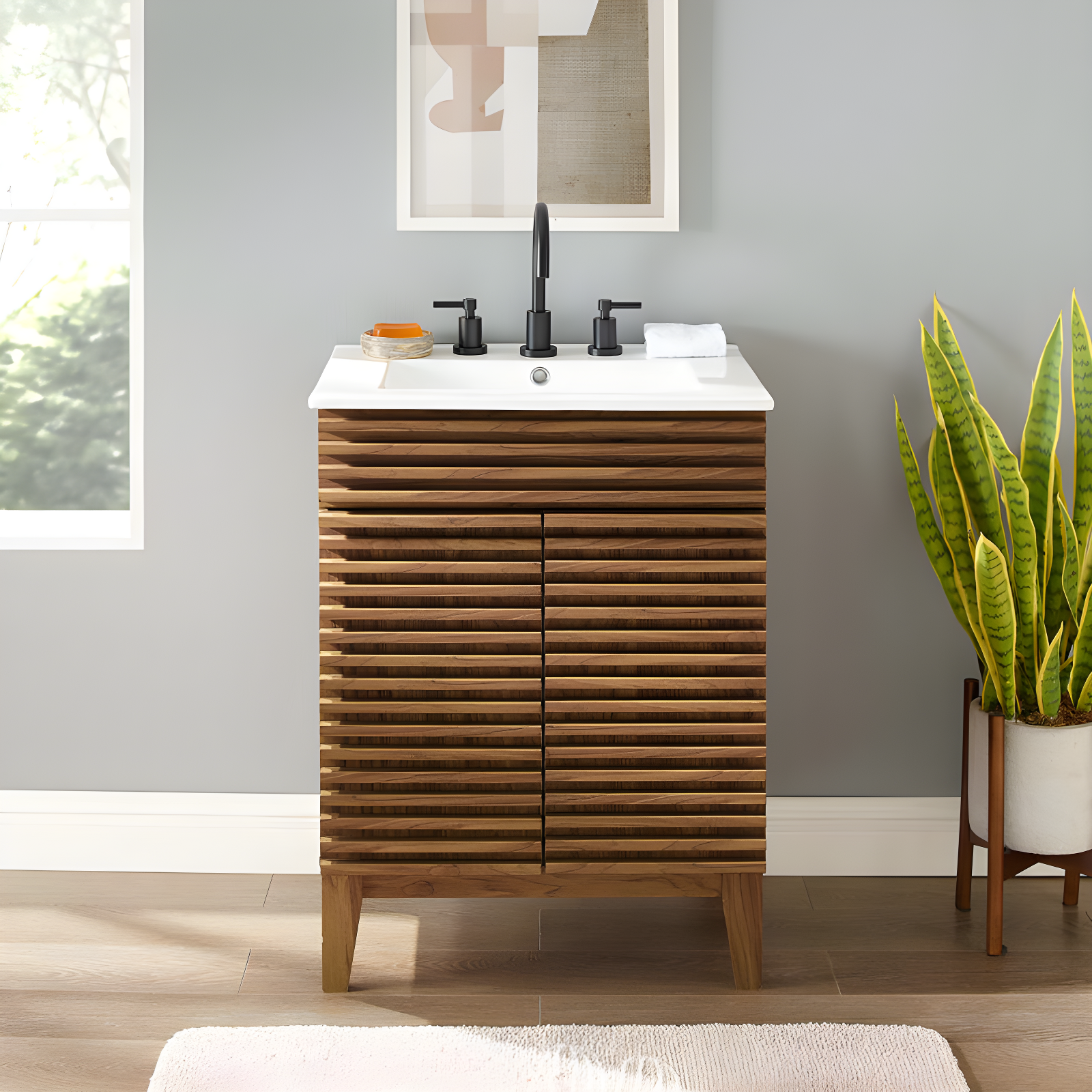 Walnut and White Mid-Century Modern Bathroom Vanity