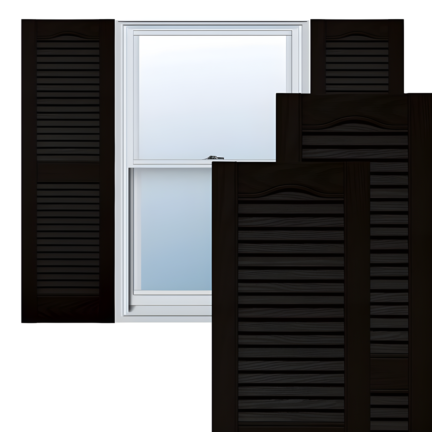 Black Vinyl Cathedral Top Louvered Shutters, 48" x 14.5"