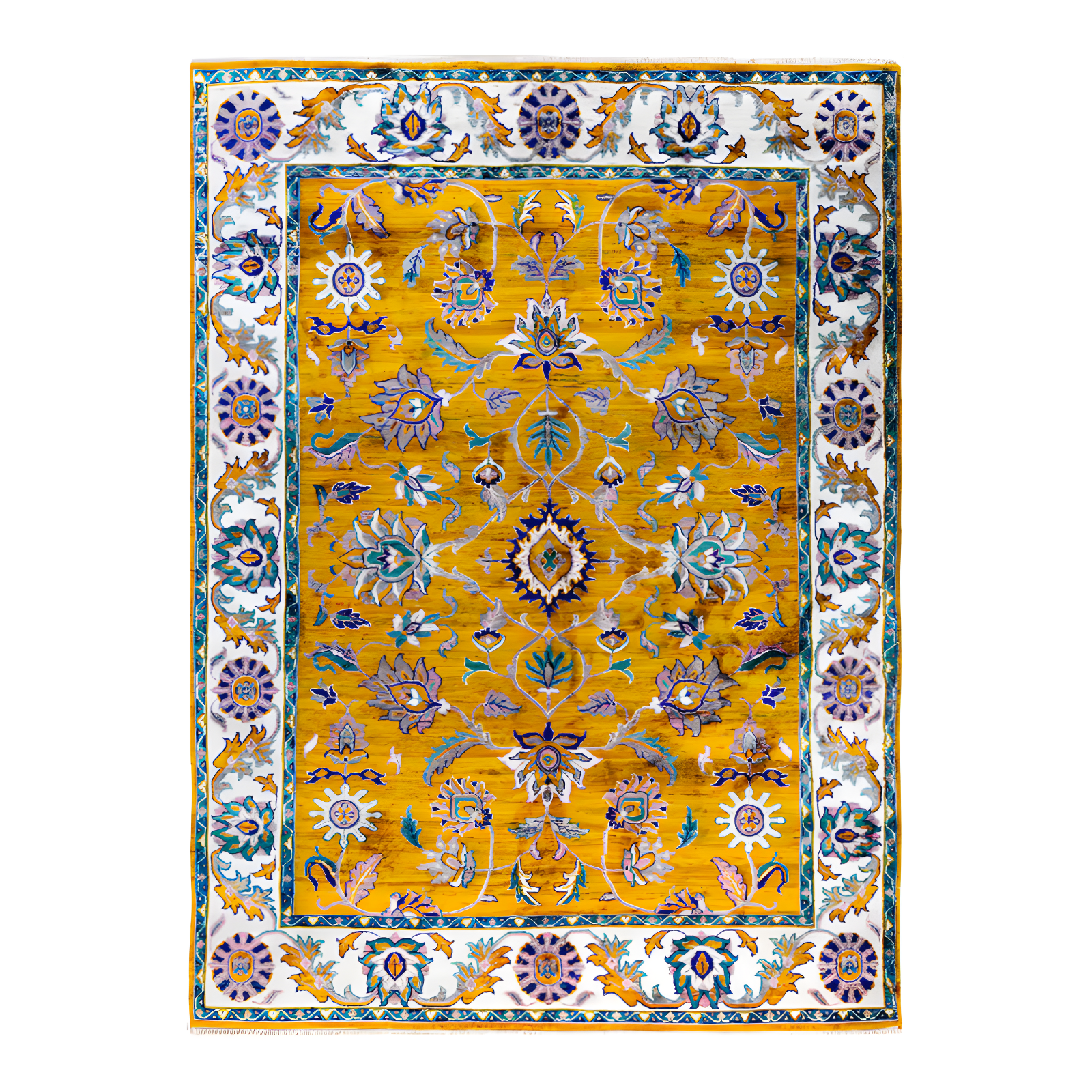 Handmade Gold and White Wool Silk Area Rug, 9' x 11'