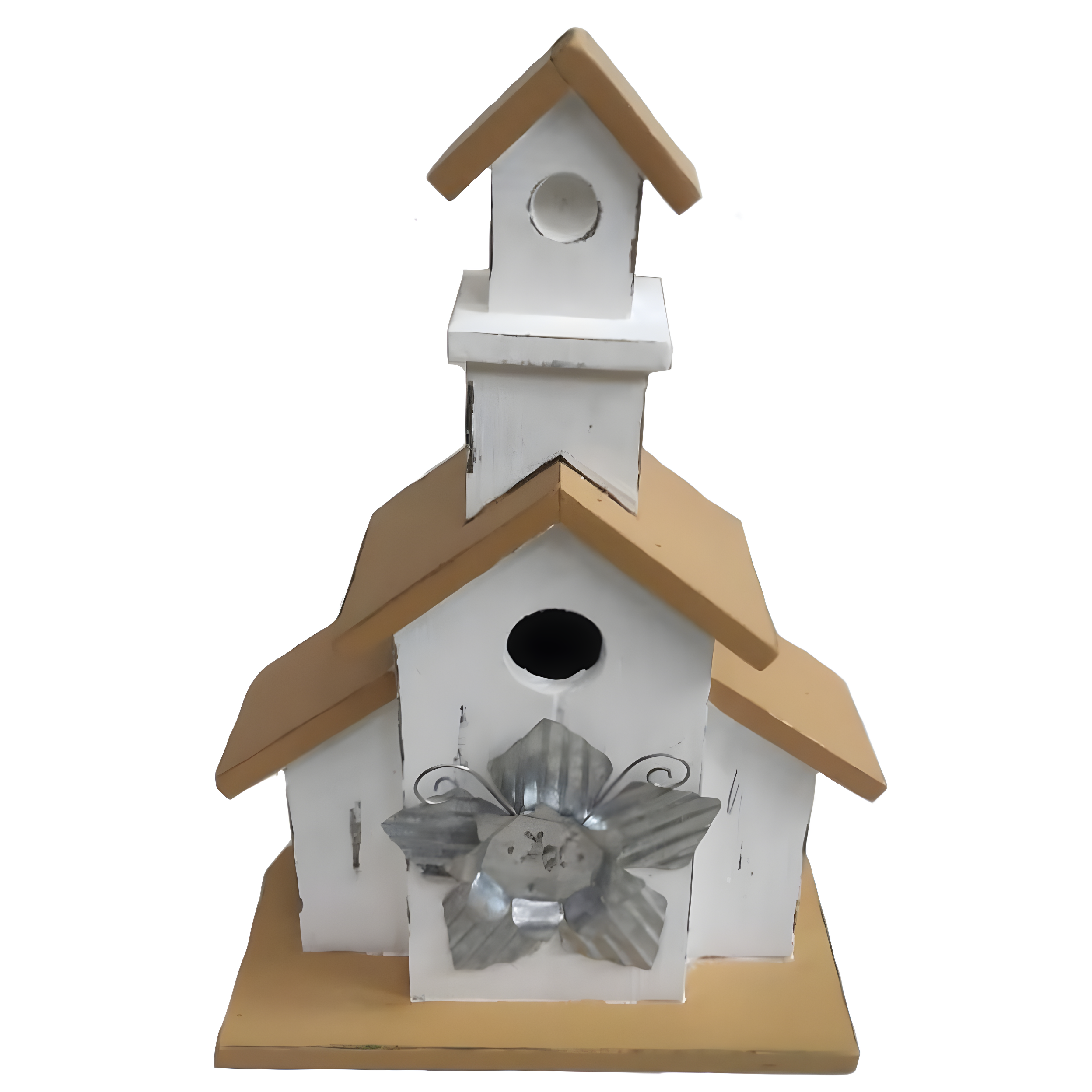 13" White and Beige Fir Wood Church Bird House