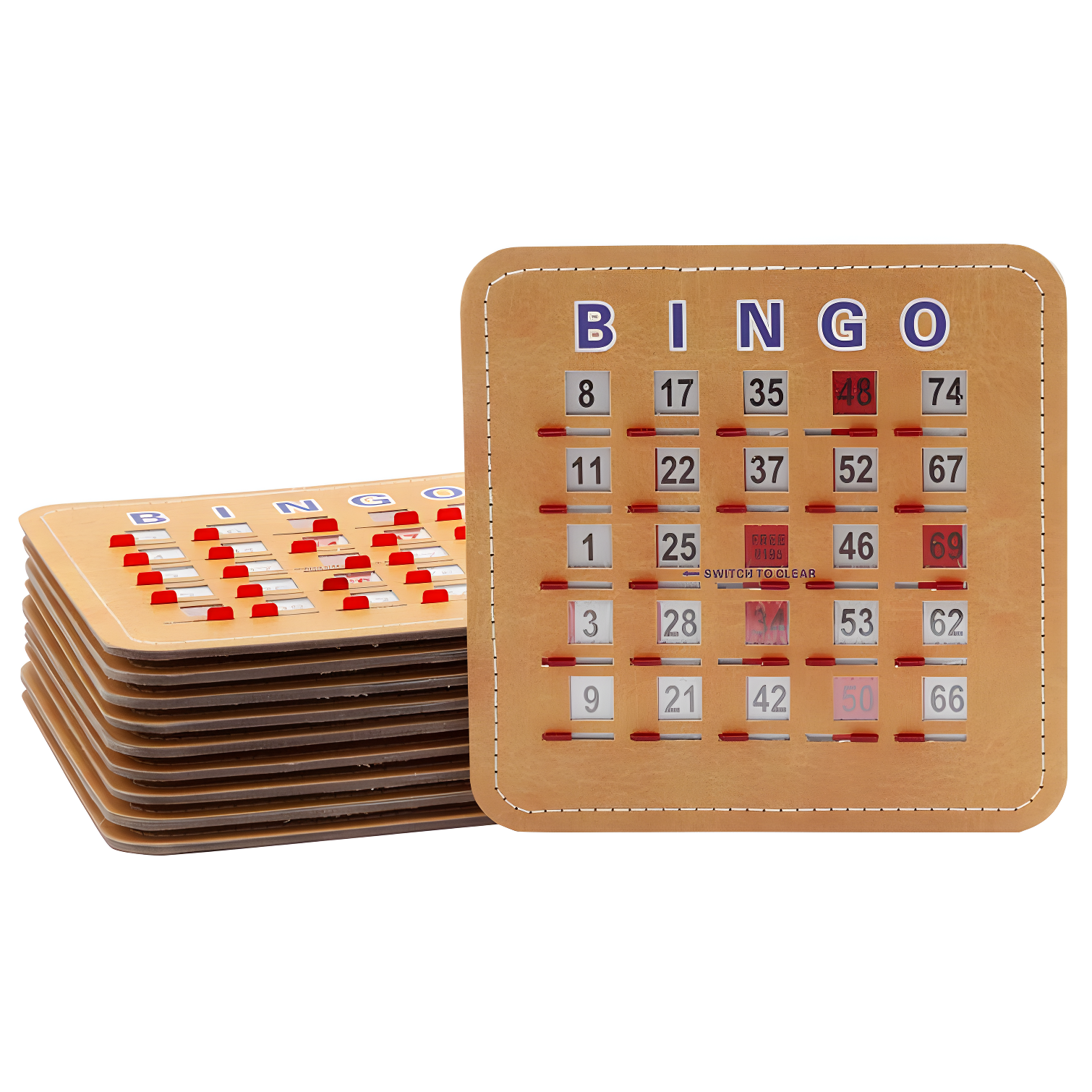 Raw Wood 5-Ply Stitched Shutter Bingo Cards with Sliding Windows