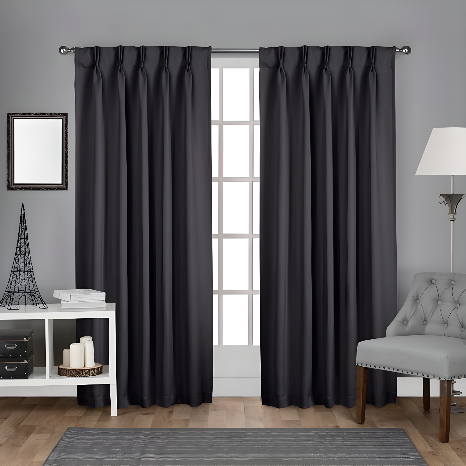 Charcoal Blackout Pinch Pleat Polyester Linen Window Curtains, 108" Length