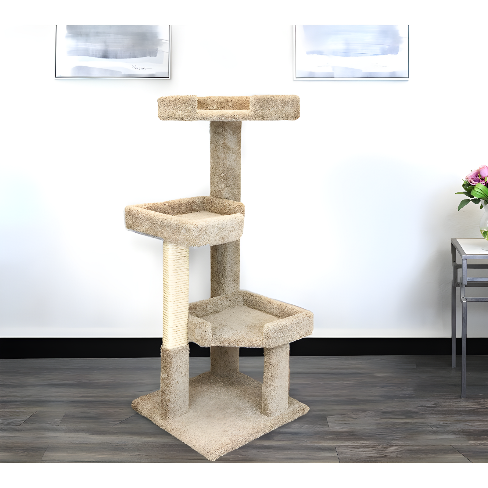 Brown Solid Wood and Sisal 51" Multi-Level Cat Tree