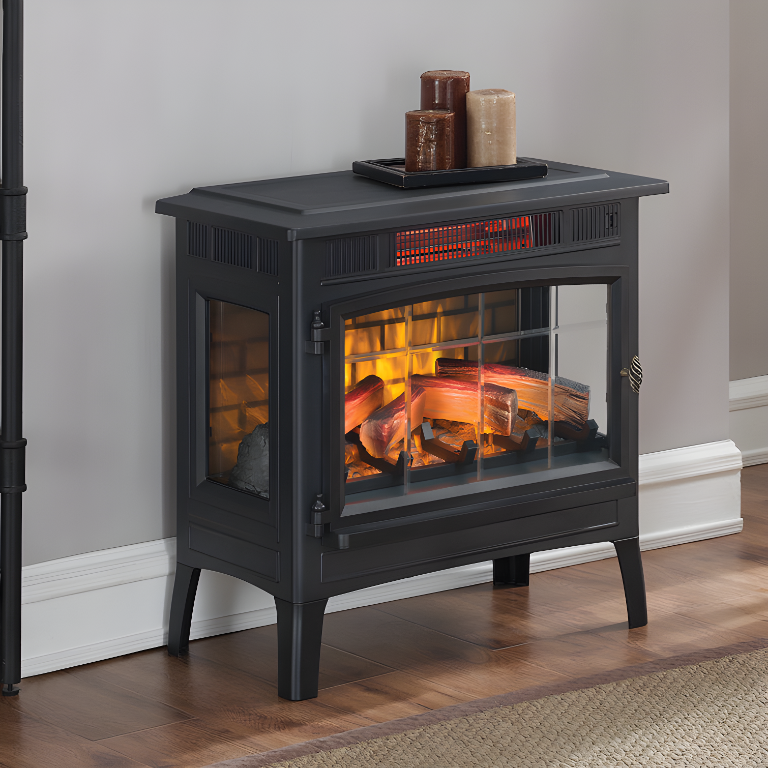 Black Freestanding Electric Fireplace Stove with 3D Flame Effect