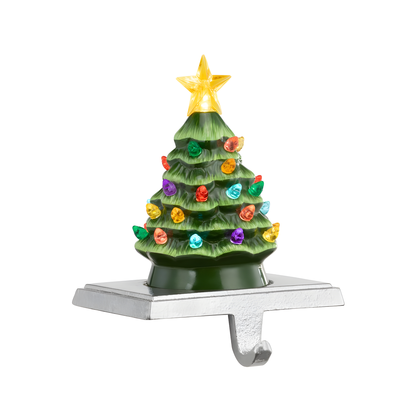 Green Ceramic Christmas Tree Stocking Hanger with LED Lights