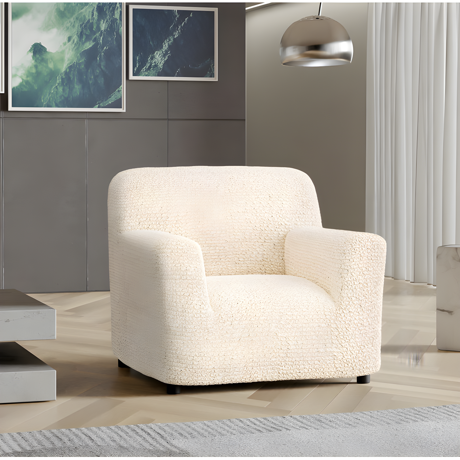 Cream Stretch Polyester Armchair Slipcover with Elastic Closure