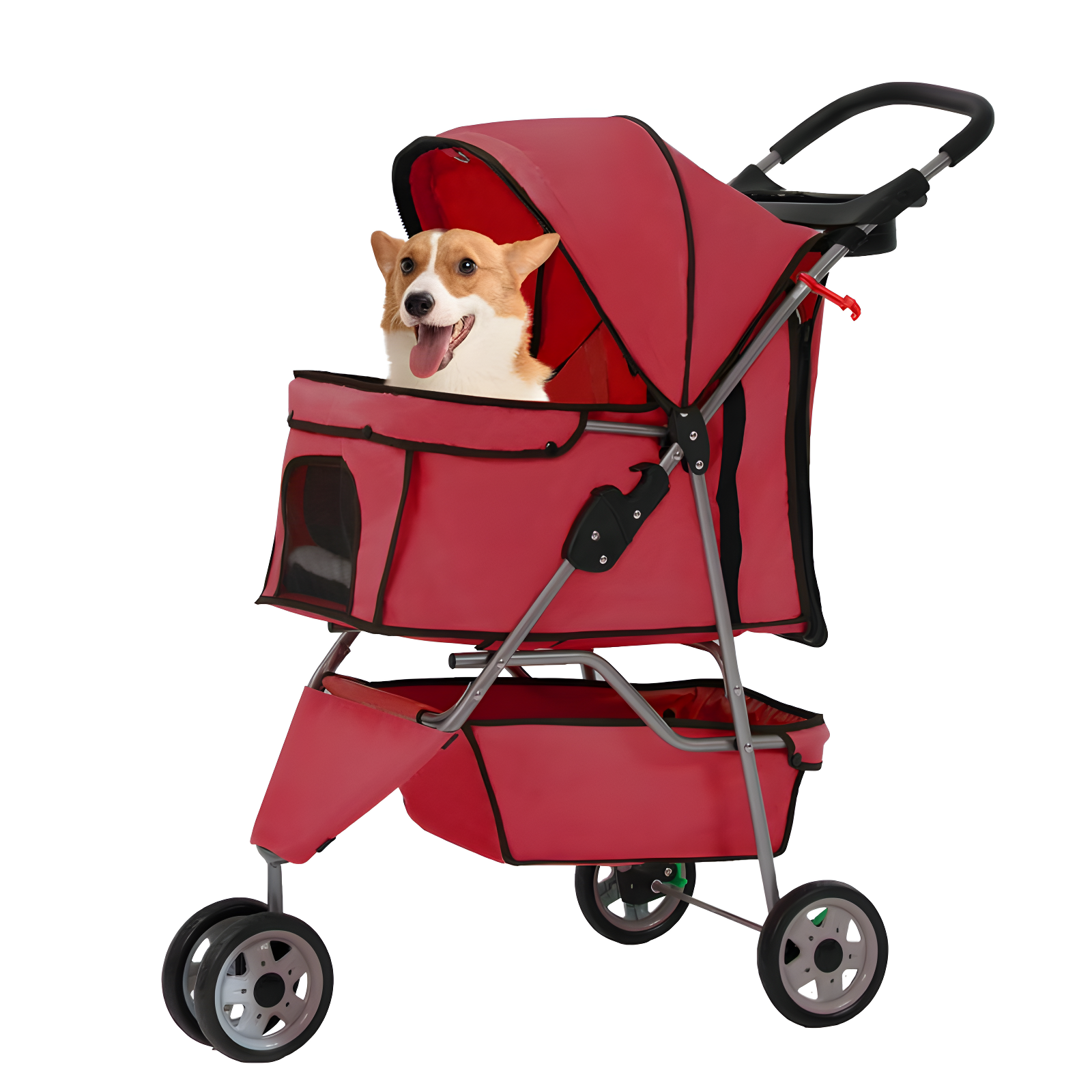 Red 3-Wheel Foldable Alloy Steel Dog Stroller with Storage Basket