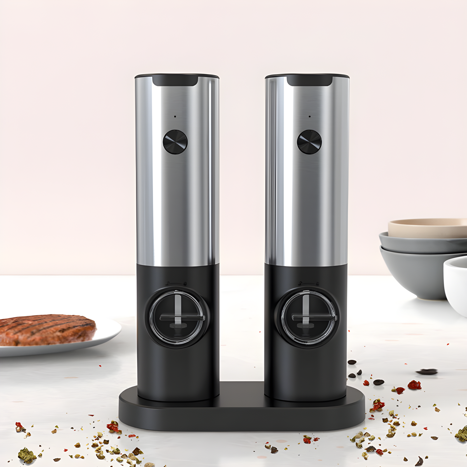 Stainless Steel Electric Salt and Pepper Grinder Set with USB Rechargeable Base