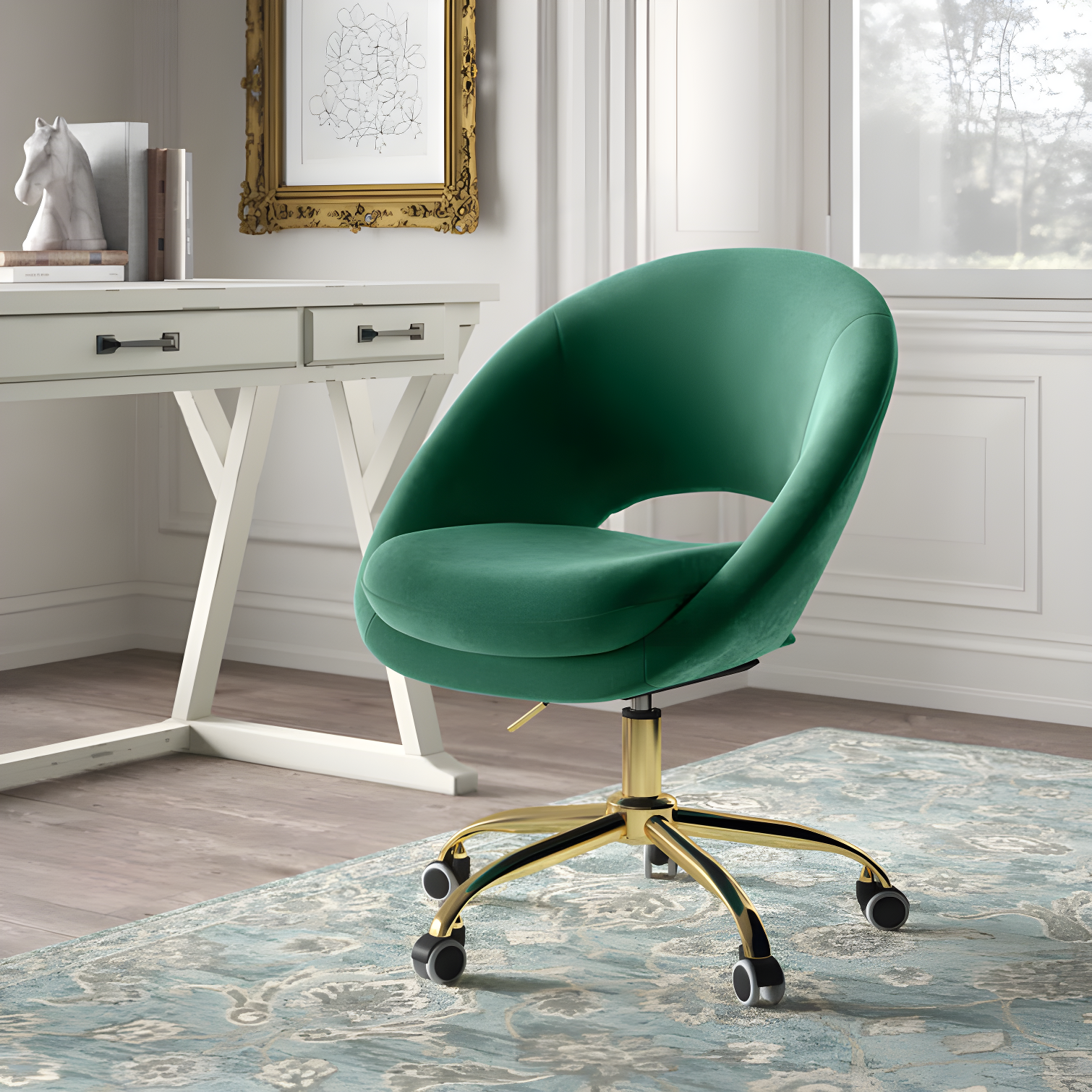 Ergonomic Green Velvet Swivel Task Chair with Metal Base