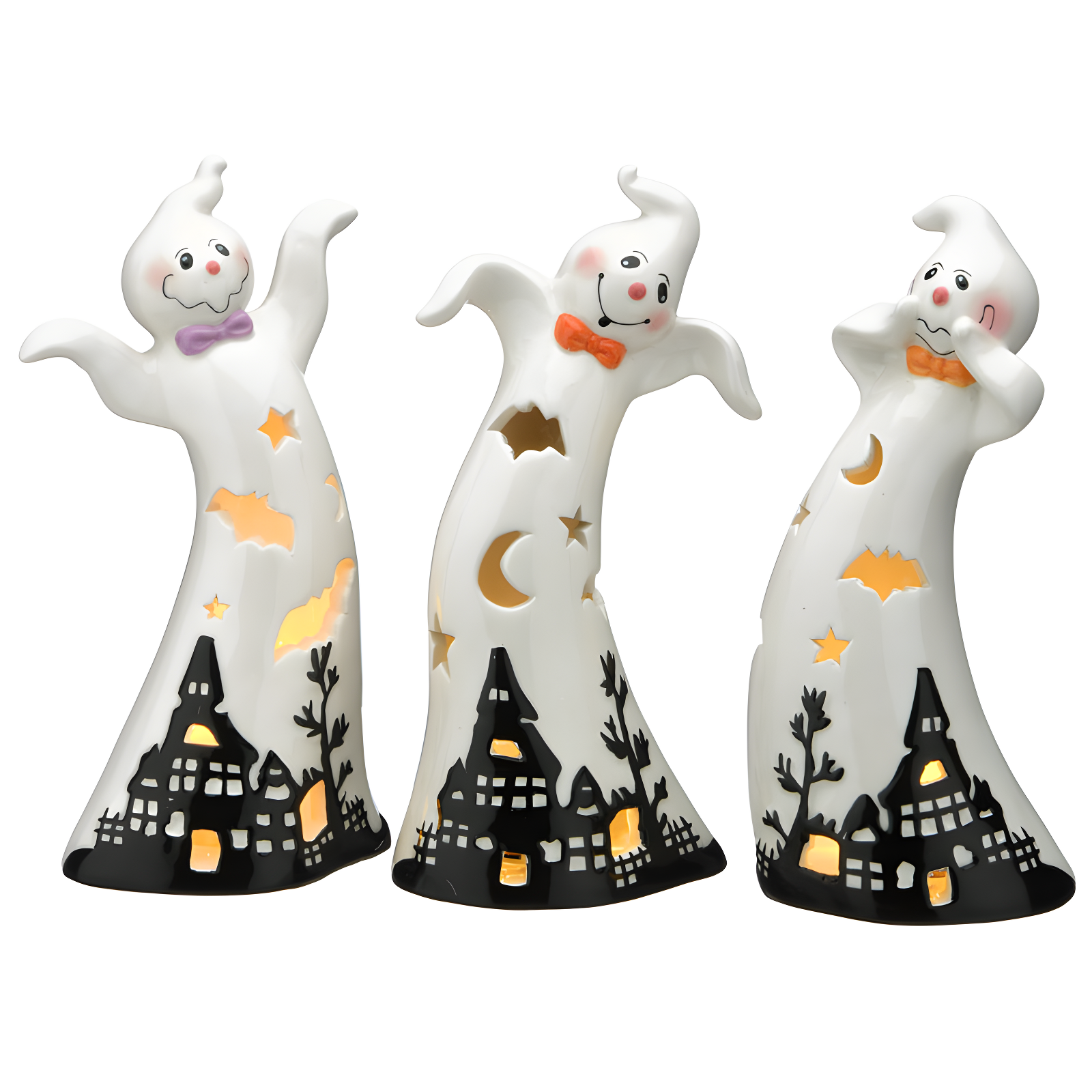 White Ceramic Ghost Figurine with LED Lights, 7.1 Inches