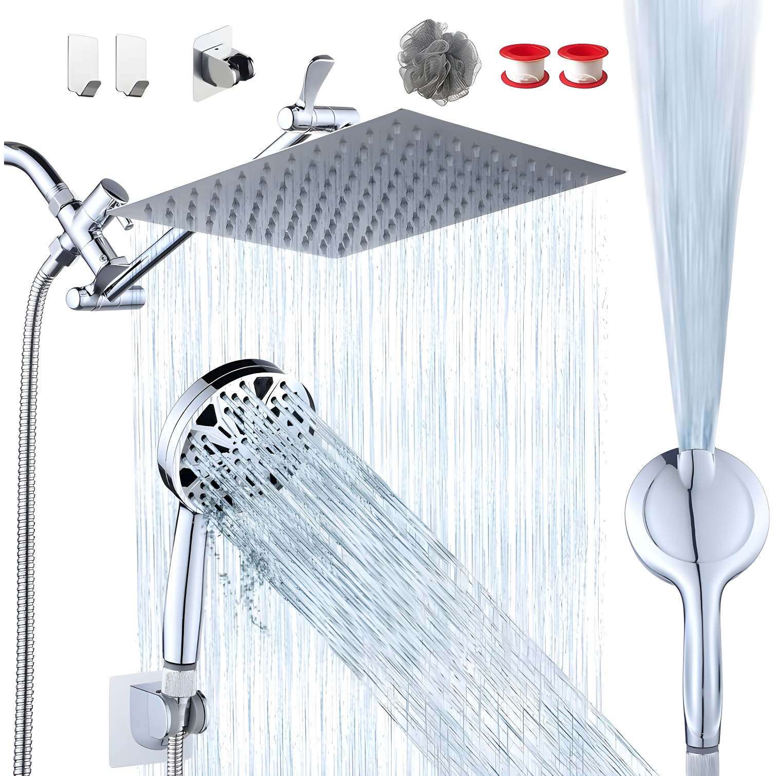 10'' Chrome Rainfall Shower Head with Handheld Combo and Adjustable Arm