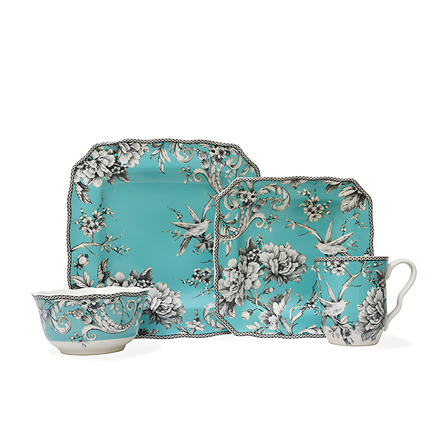 Adelaide Turquoise Toile Porcelain 16-Piece Square Dinnerware Set