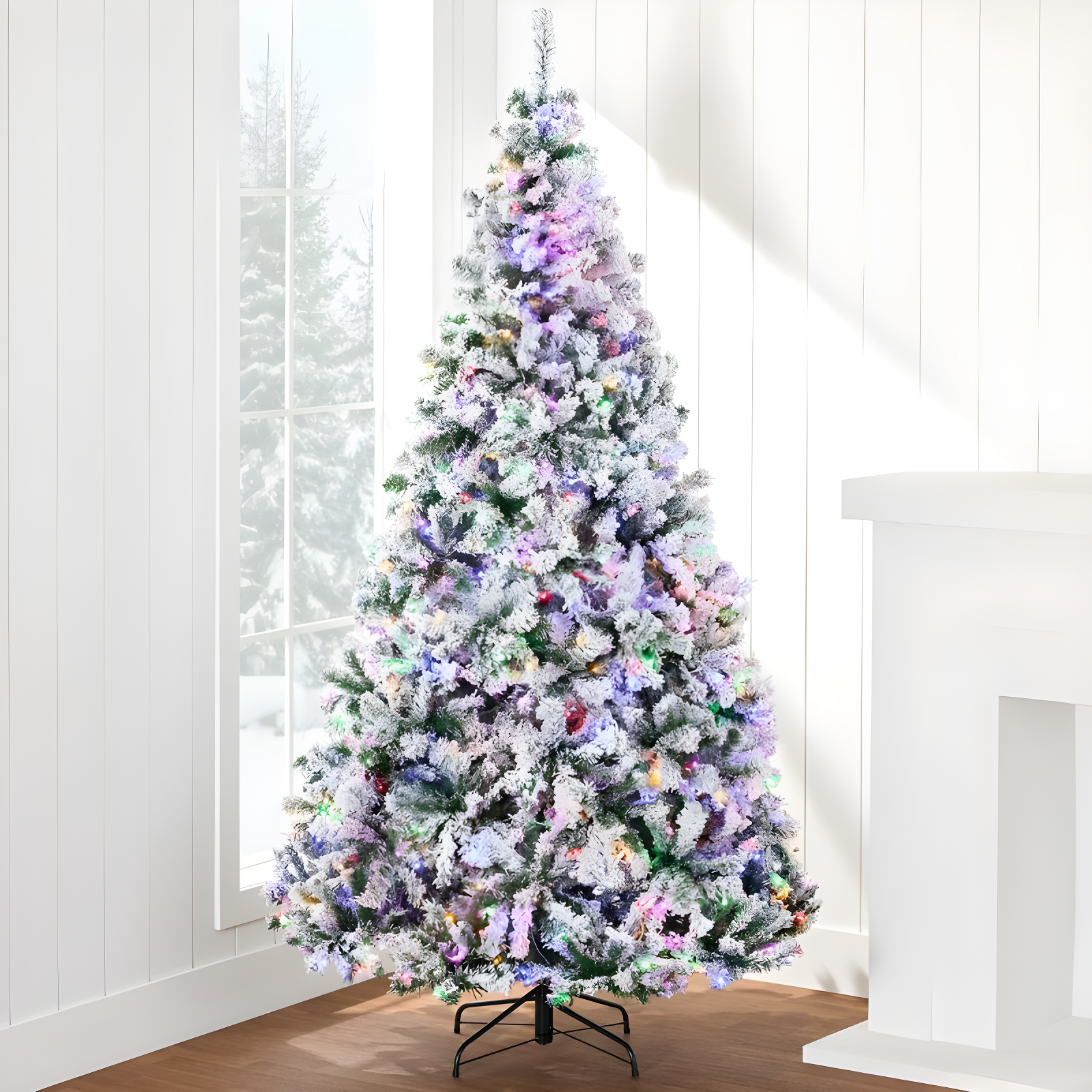 6ft Snow Flocked Pine Christmas Tree with Multicolor LED Lights