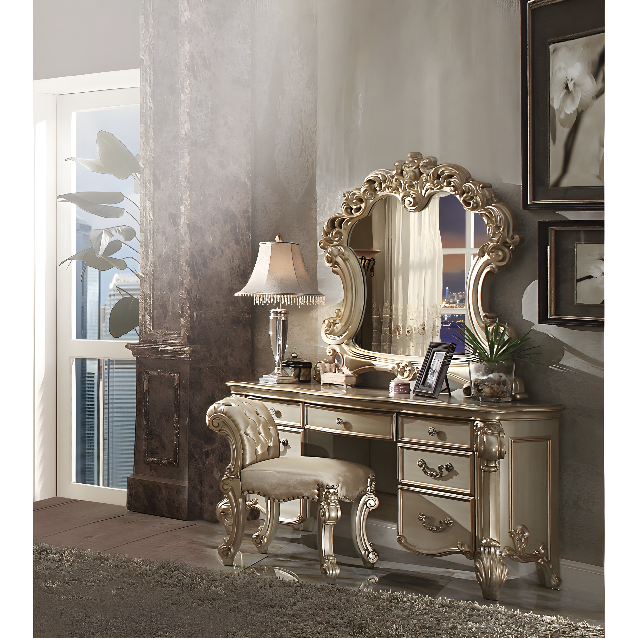 Gold Patina and Bone Upholstered Vanity Stool with Carved Details