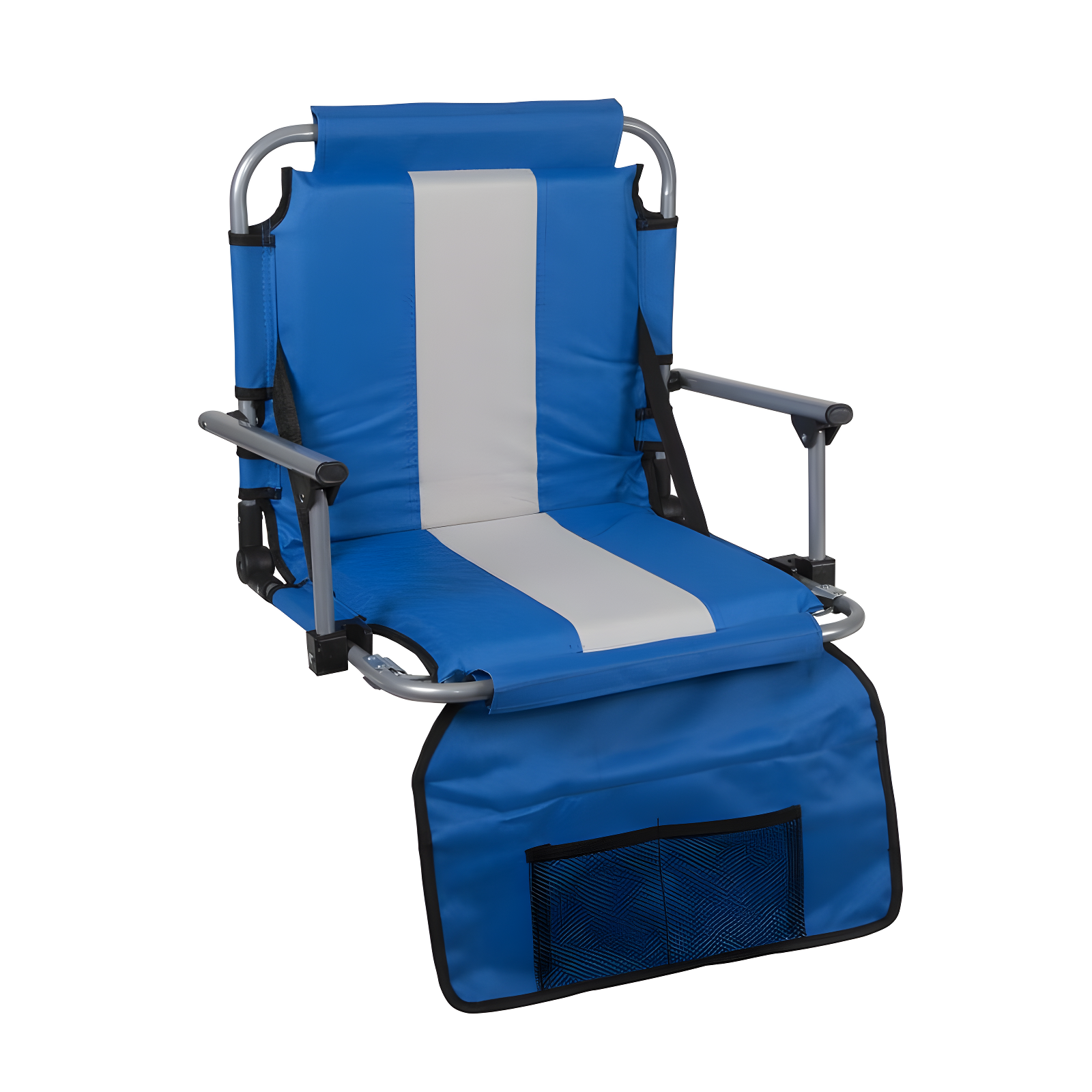 Blue and Gray Folding Stadium Seat with Arms and Storage