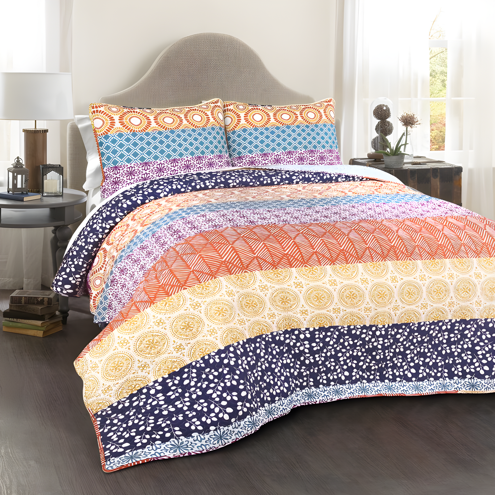 King Fuchsia and Orange Reversible Cotton Quilt Set