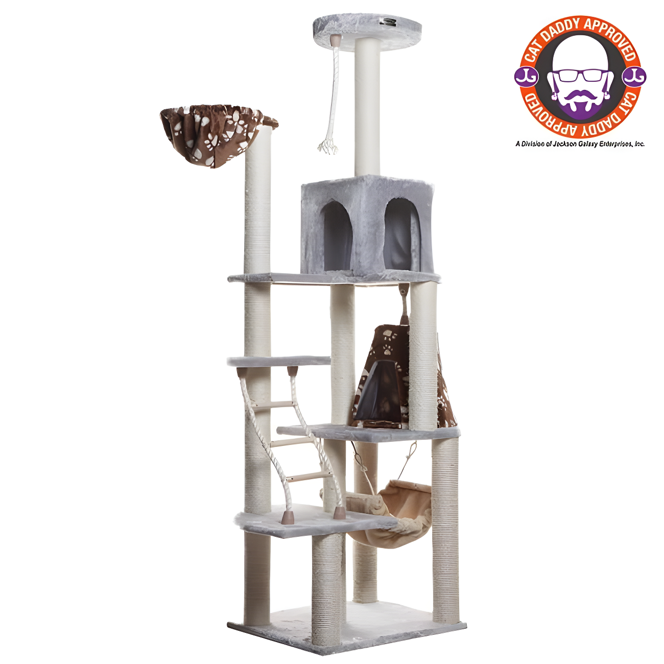 Silver Gray Faux Fur Cat Tree with Hammock and Ramp