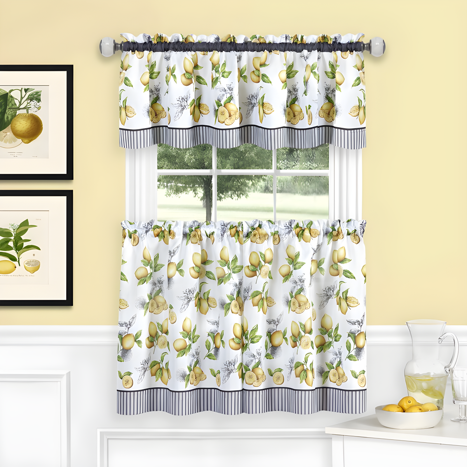 White and Yellow Lemon Polyester Kitchen Curtain Set