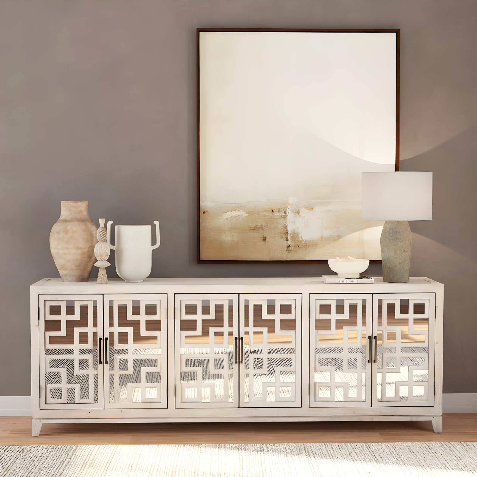 Ivory Mirrored Geometric Pattern 98" Sideboard