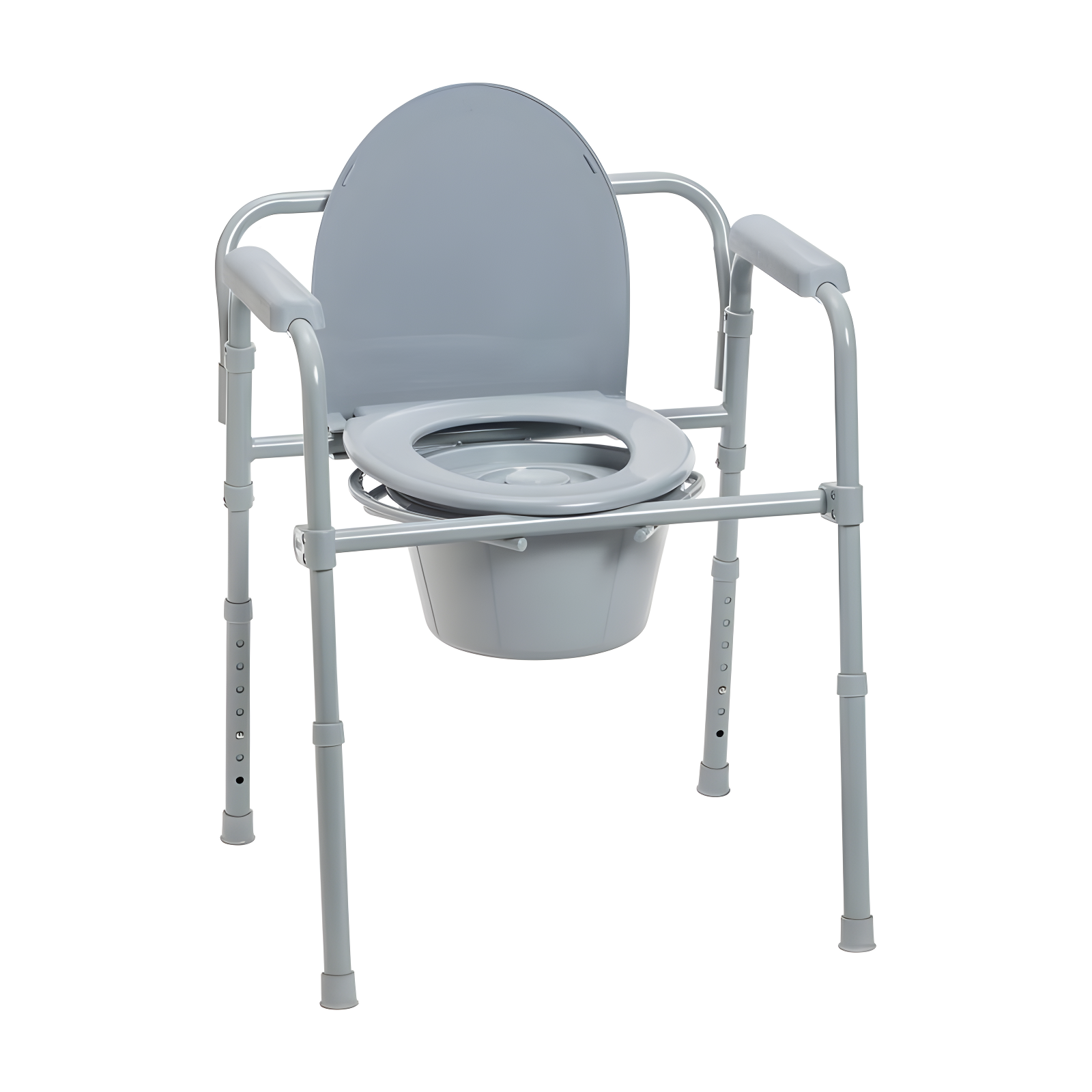 Adjustable Gray Steel and Plastic Folding Bedside Commode