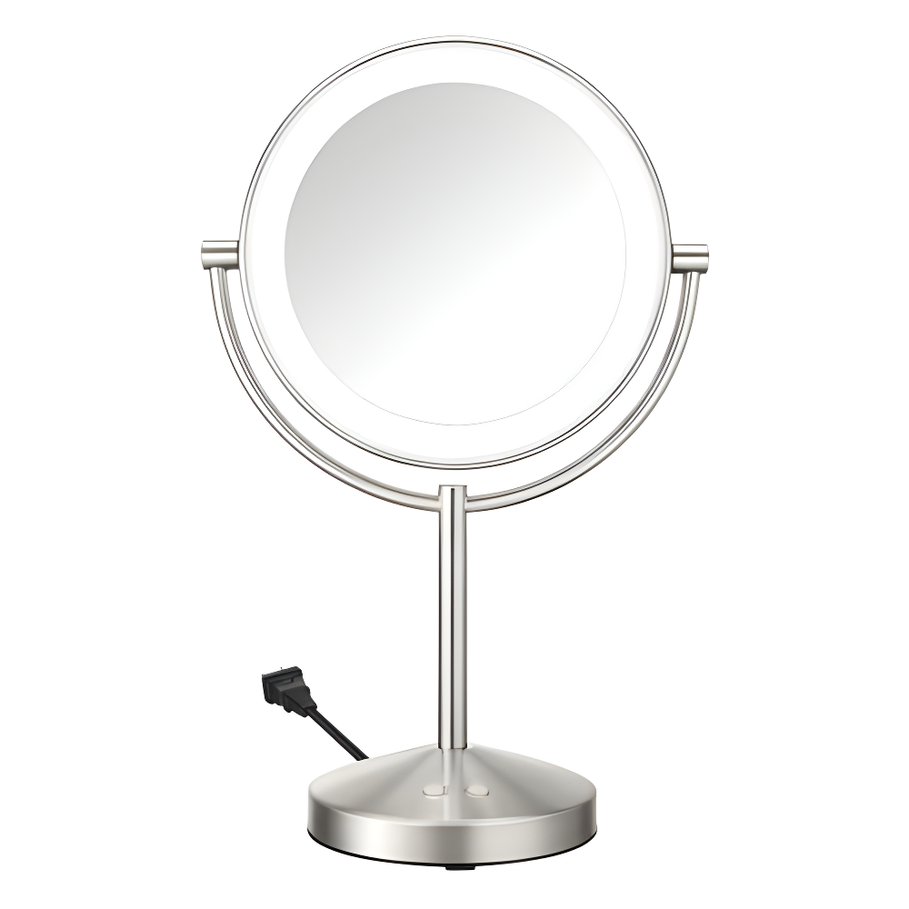 Satin Nickel LED Lighted Double-Sided Makeup Mirror with 10x Magnification