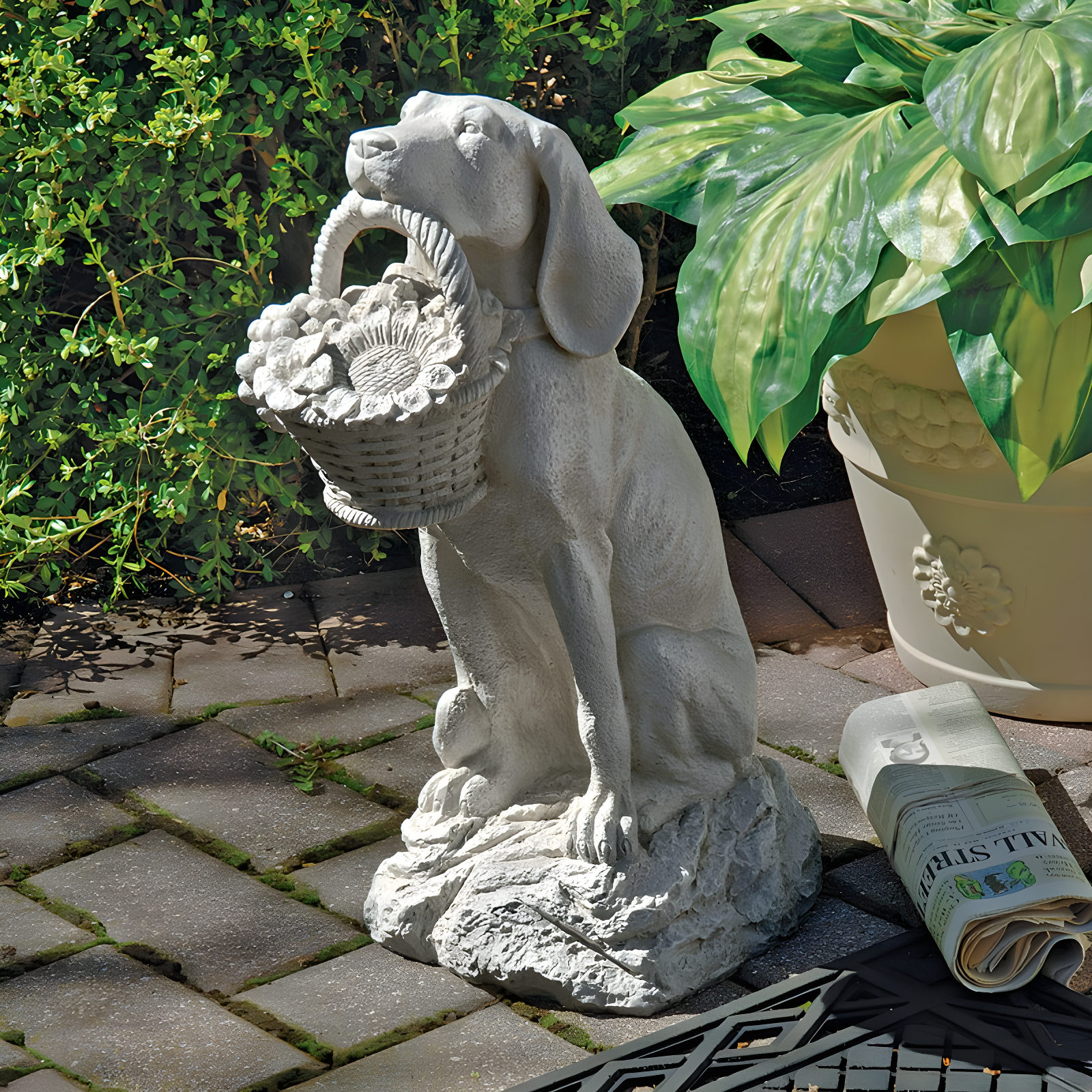 Antique Stone Finish Dog Statue with Basket of Sunflowers