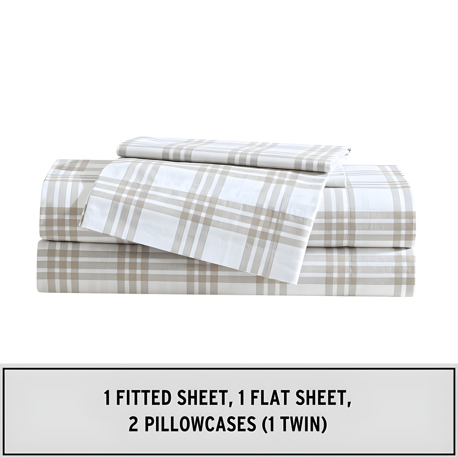 Queen White and Beige Plaid Cotton Percale Sheet Set