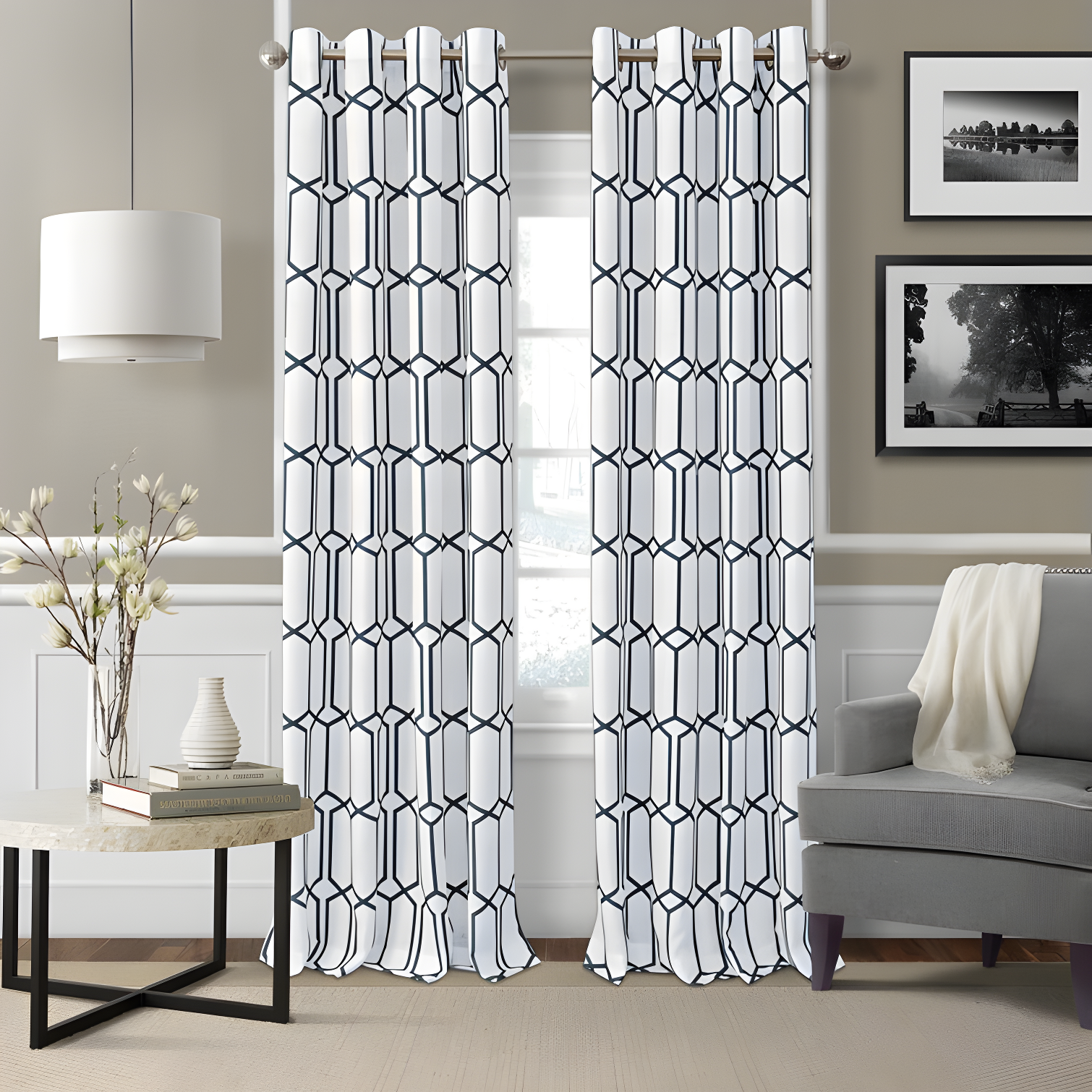 Indigo Geometric Room Darkening Grommet Drapes