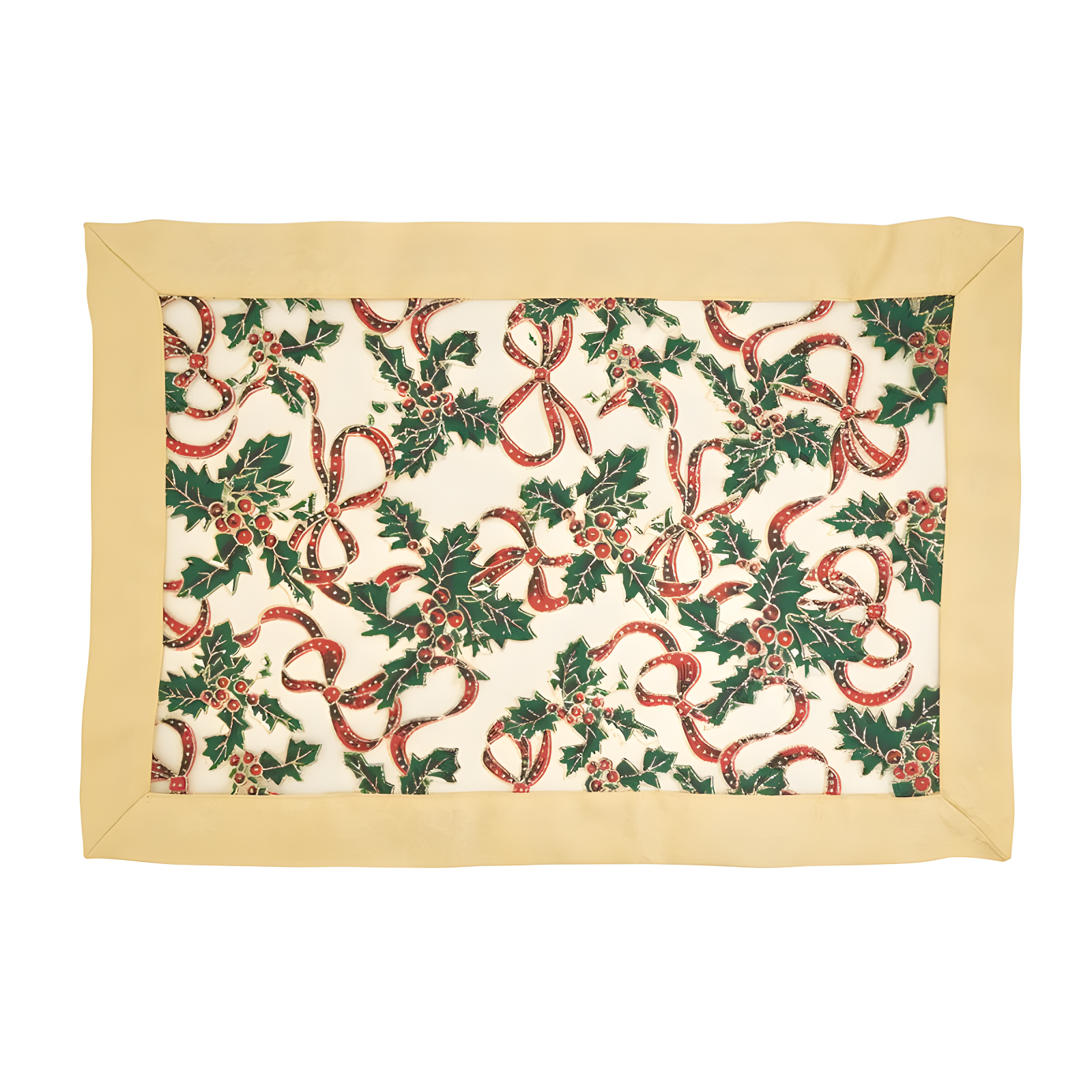 Gold and Green Christmas Holly Print Placemats Set of 4