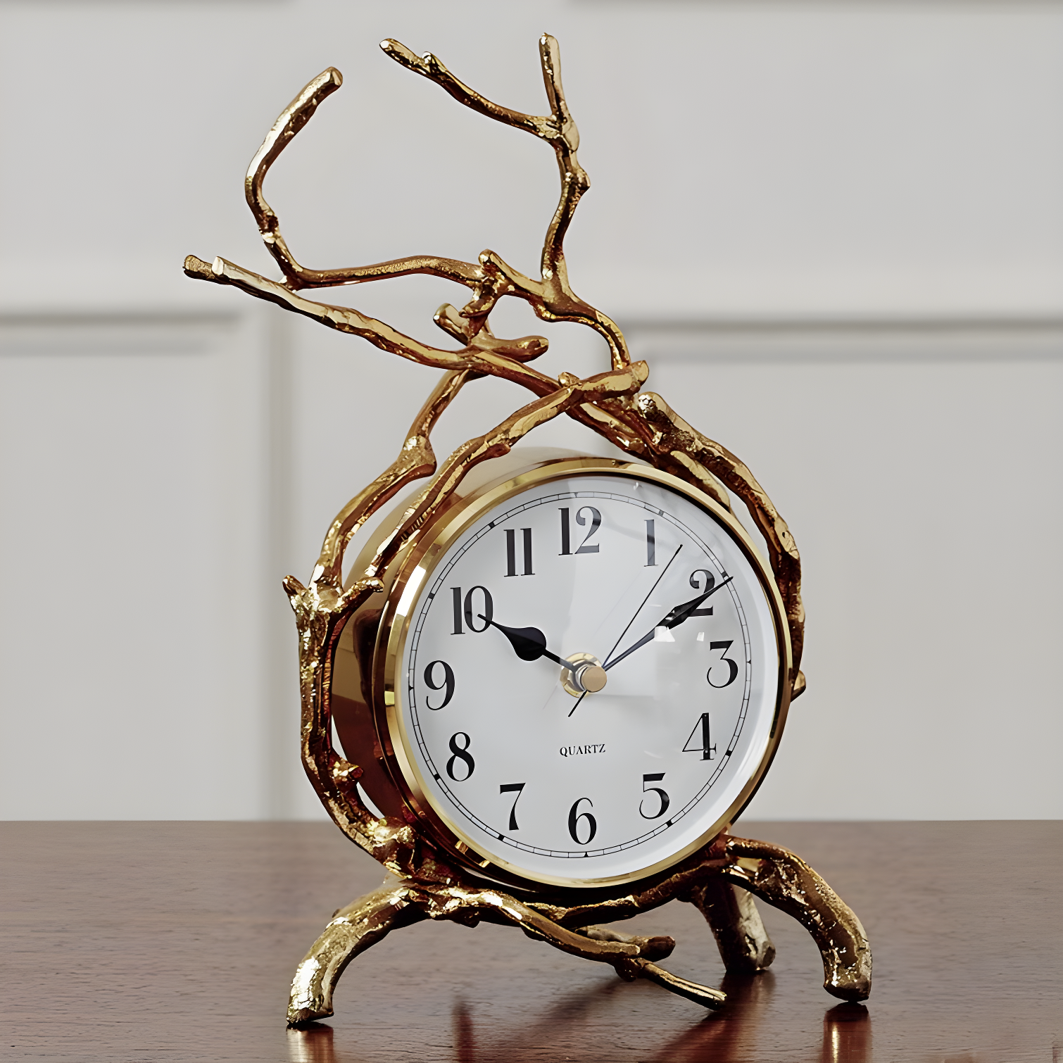 Elegant Twig Brass Clock with Quartz Movement, 7"L x 10"H