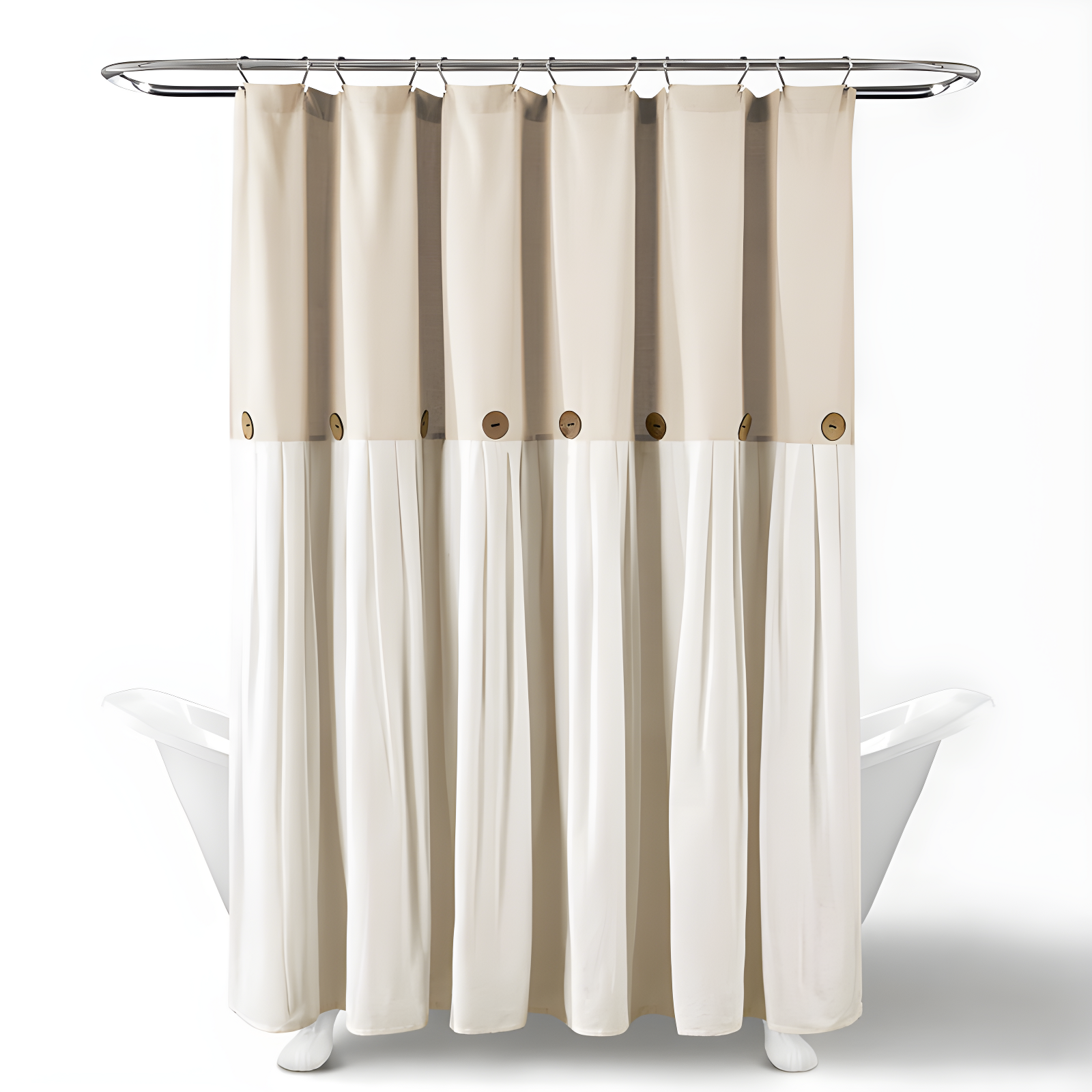 Beige and White Linen Button Shower Curtain with Liner