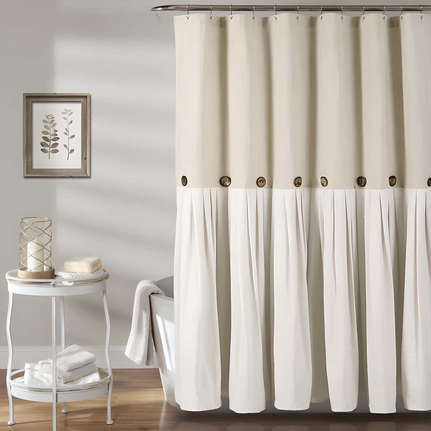 Beige and White Linen Button Shower Curtain with Liner