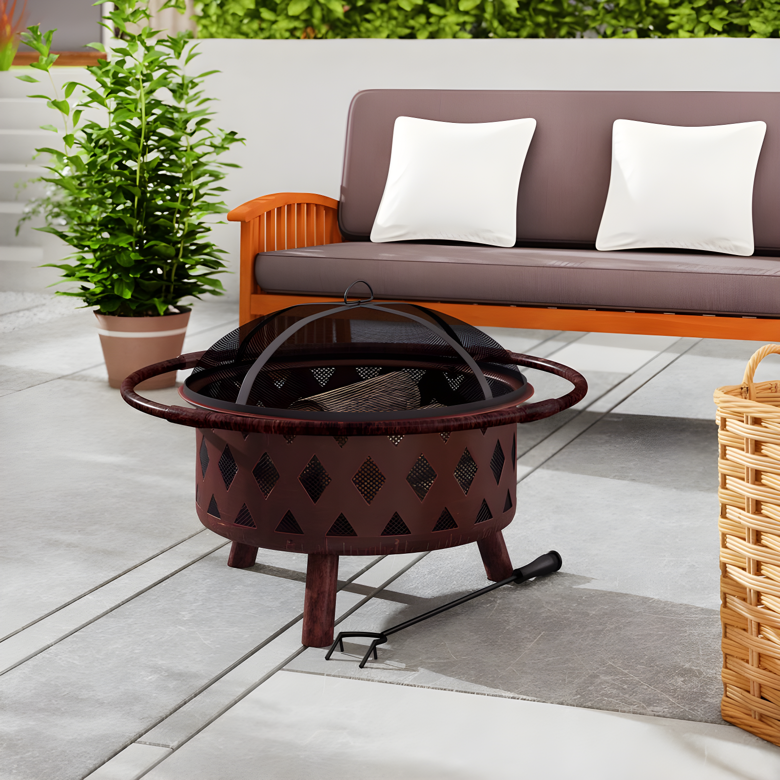 Bronze 30-Inch Crossweave Wood-Burning Fire Pit with Screen and Poker