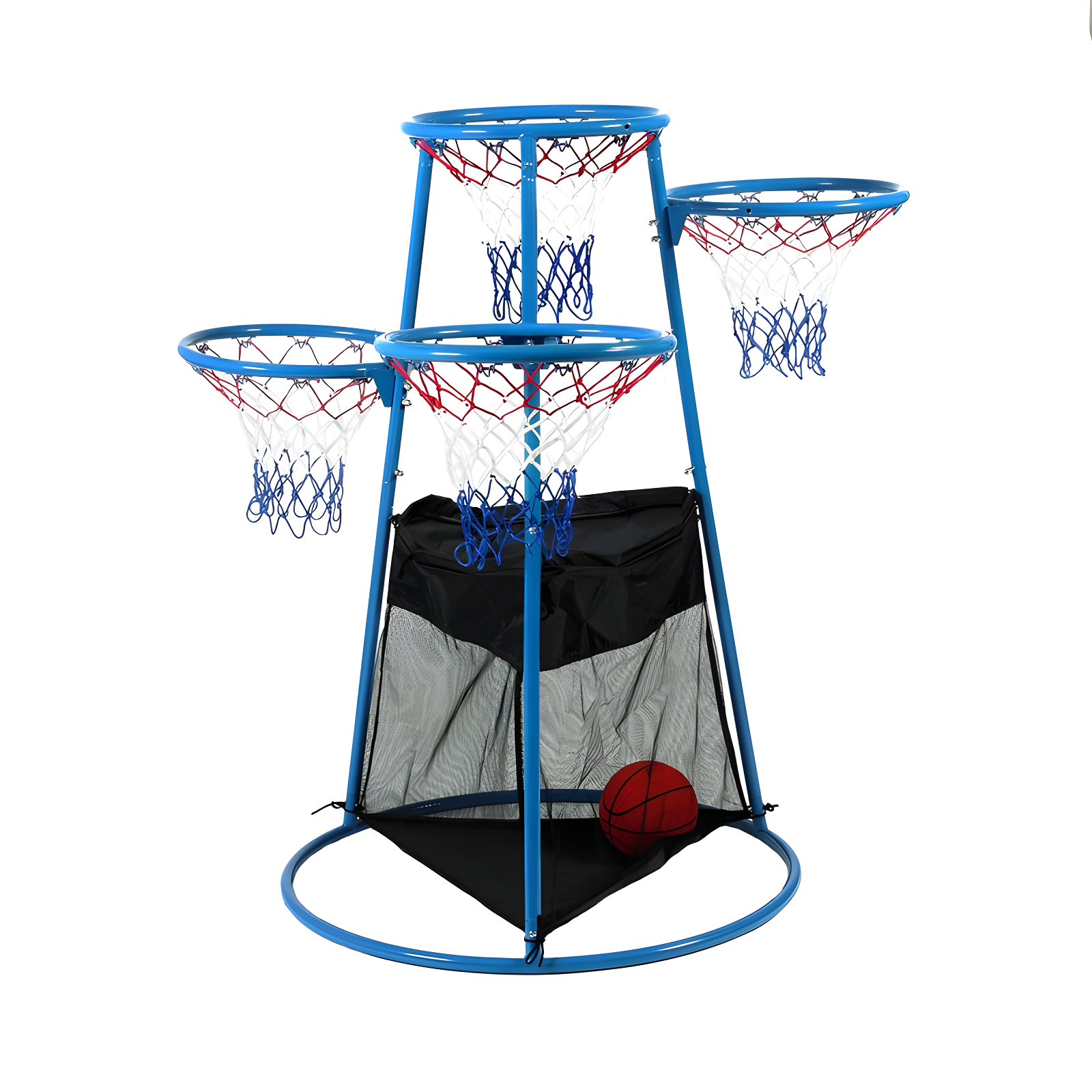 Blue and Black Metal 4-Hoop Basketball Stand with Storage Bag