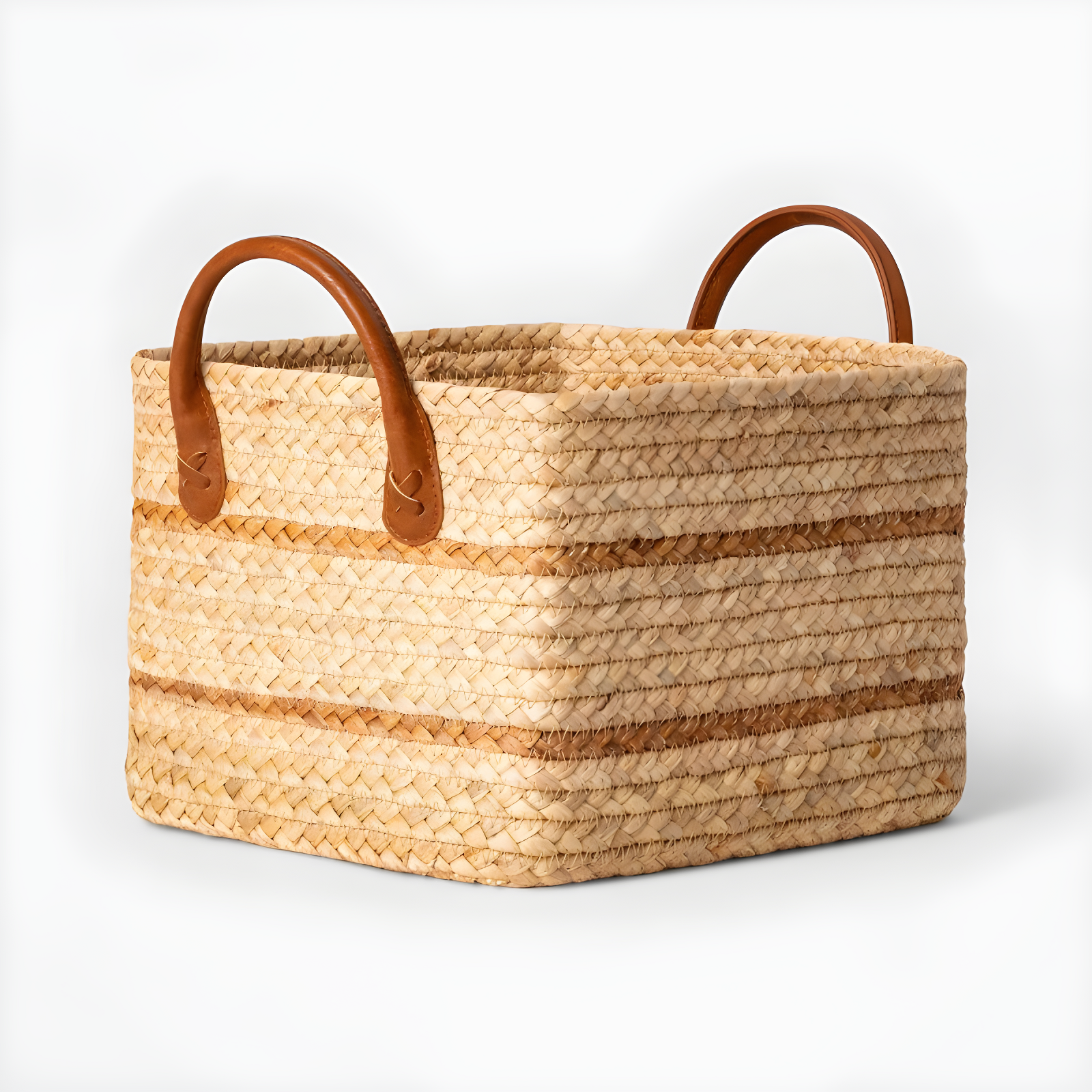 Small Natural Braided Water Hyacinth Basket with Faux Leather Handles