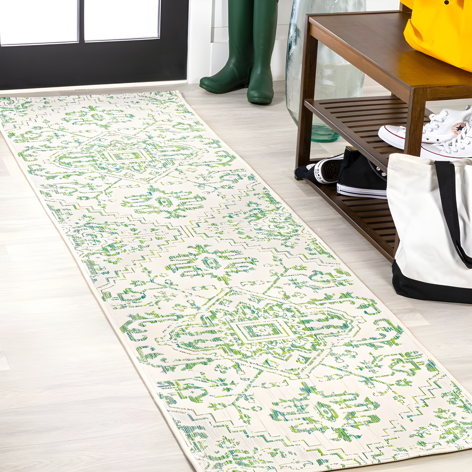 Estrella Bohemian Green/Cream Medallion Textured Indoor/Outdoor Runner Rug