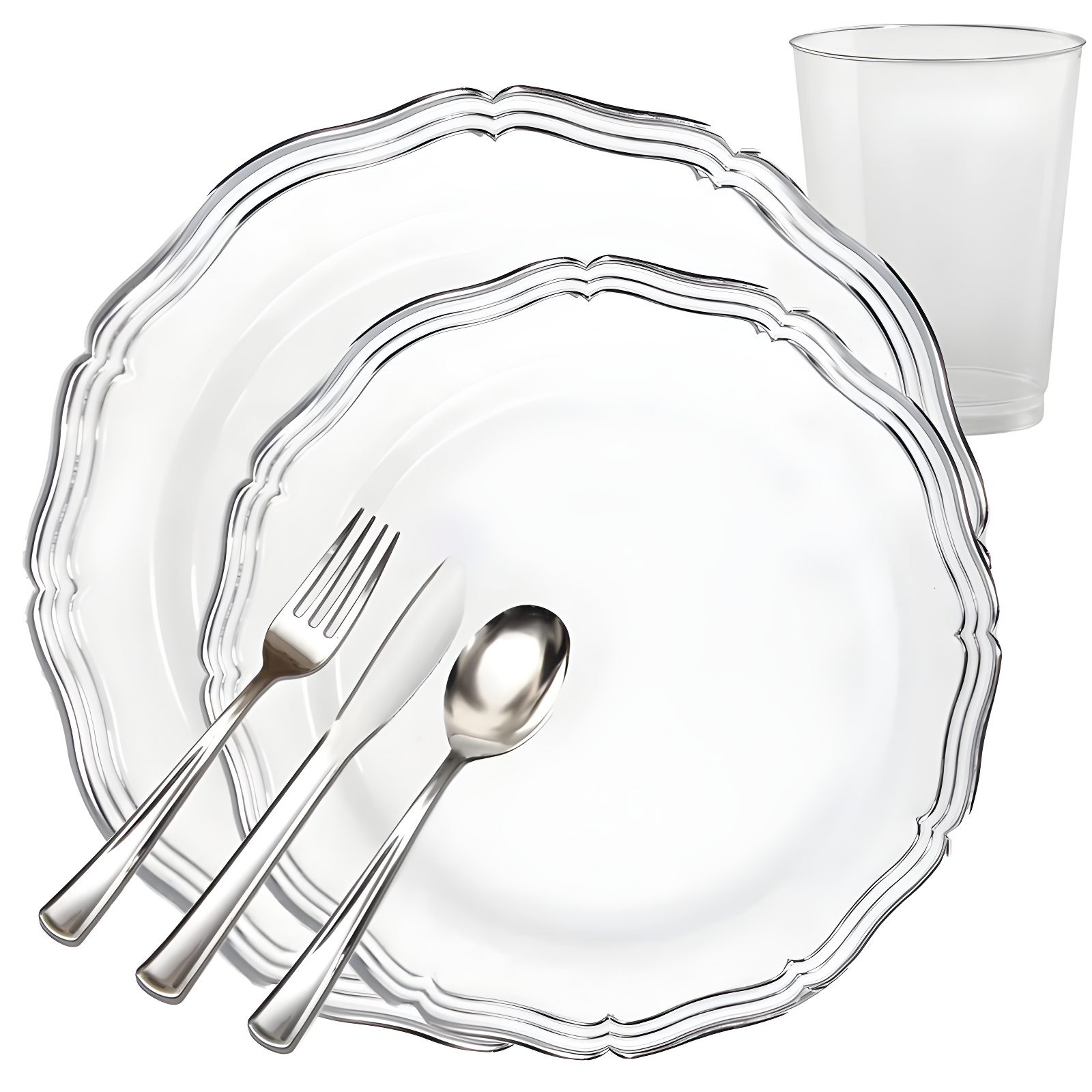 White and Silver Plastic Dinnerware Set for 20 Guests