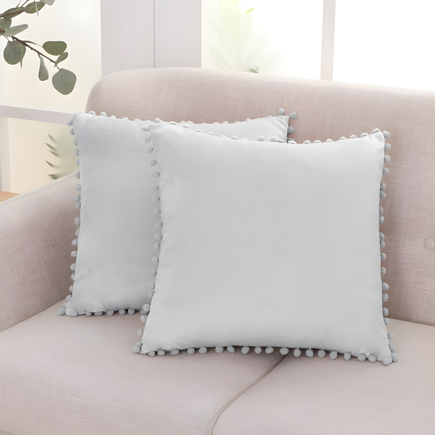 Light Gray Velvet Euro Pillowcase with Pom Poms