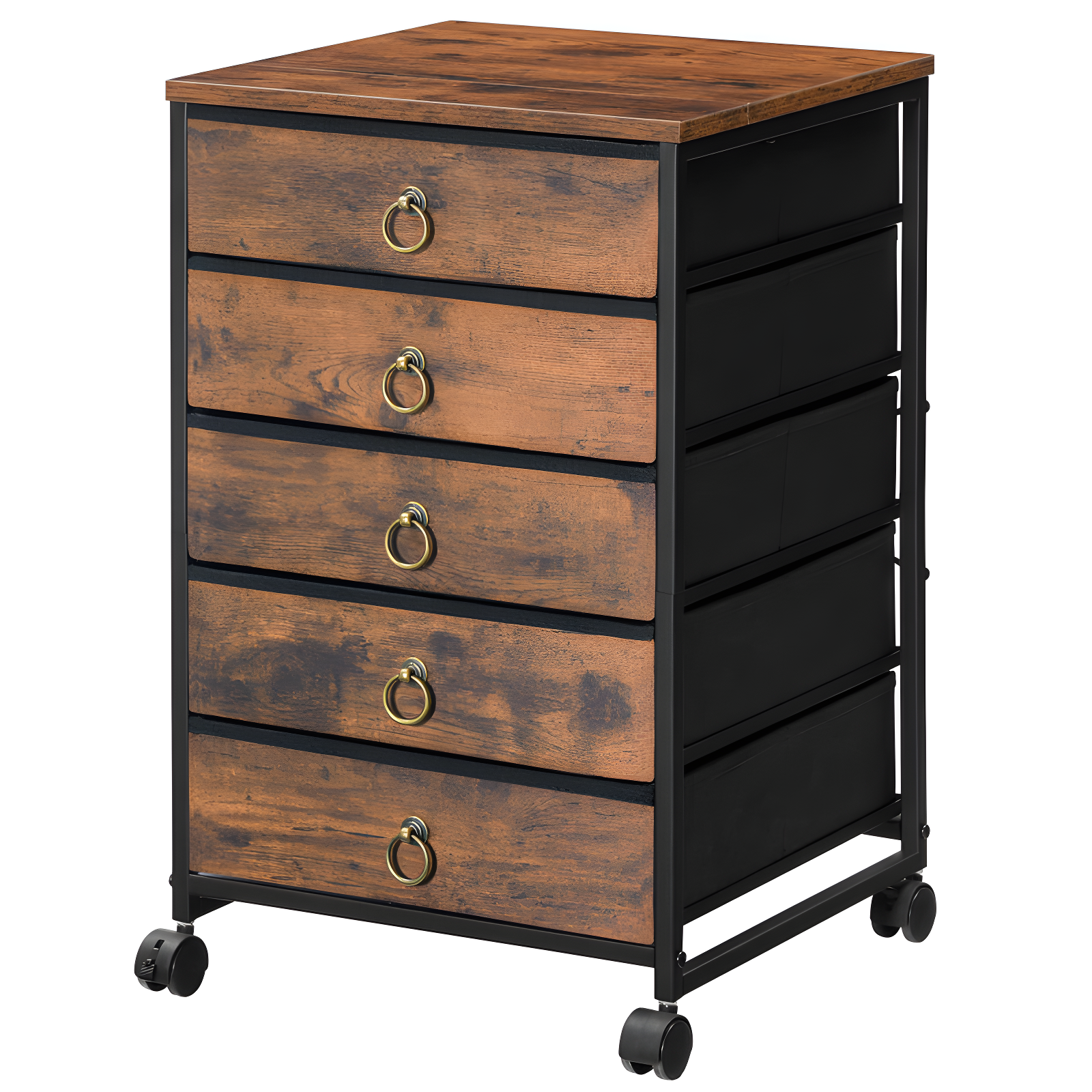 Rustic Brown Mobile 5-Drawer Office Cabinet with Metal Frame