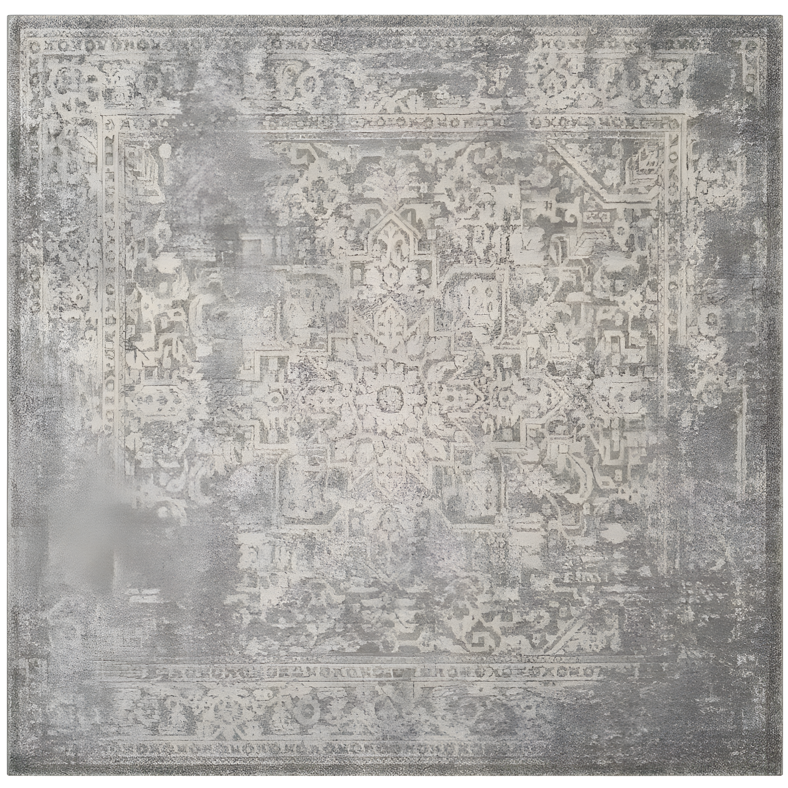 Silver and Ivory Floral Motif Square Area Rug