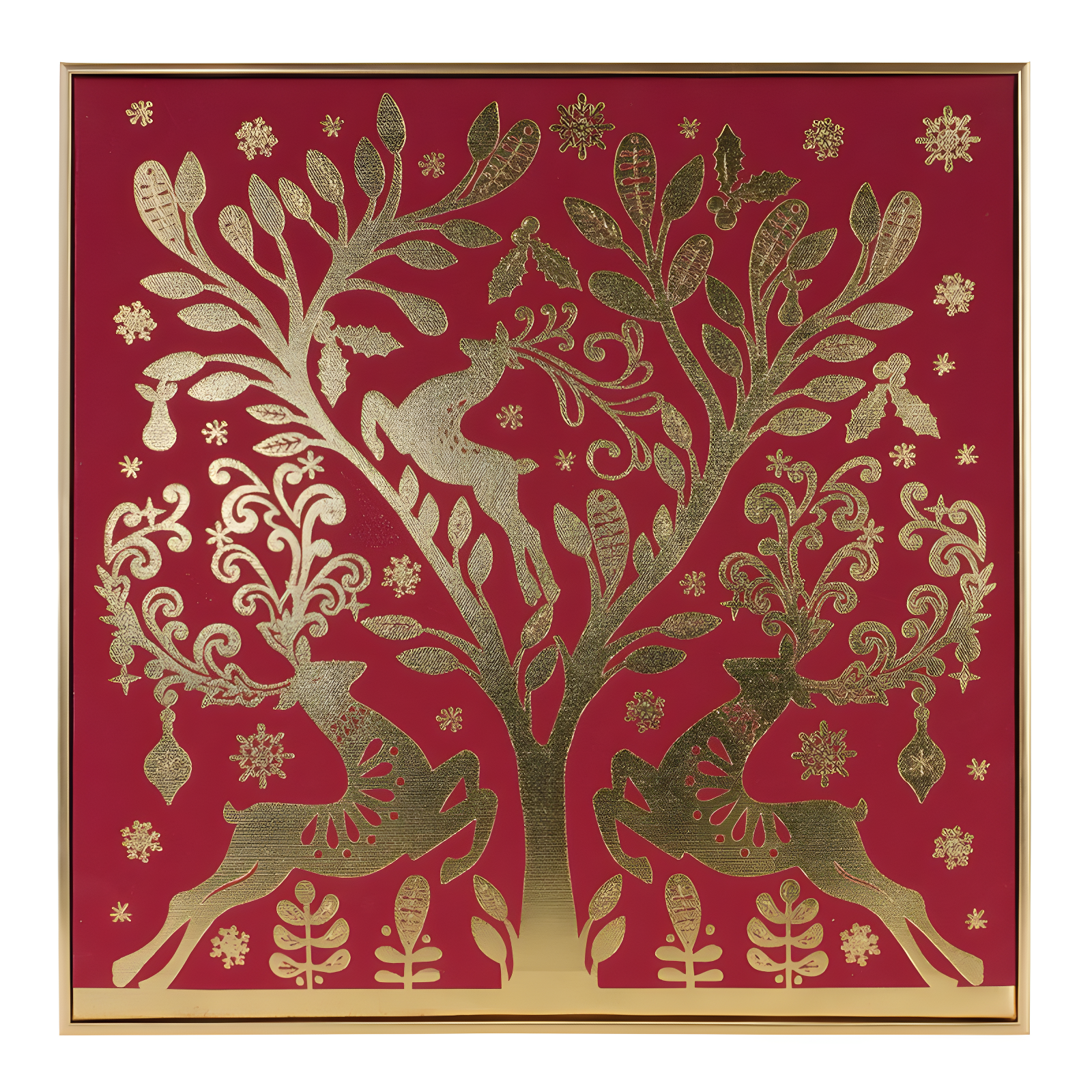 Festive Red and Gold Framed Christmas Deer Print 15.5"