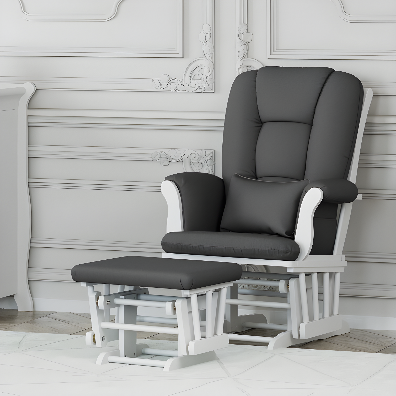 Tuscany White and Gray Solid Wood Nursery Glider with Ottoman