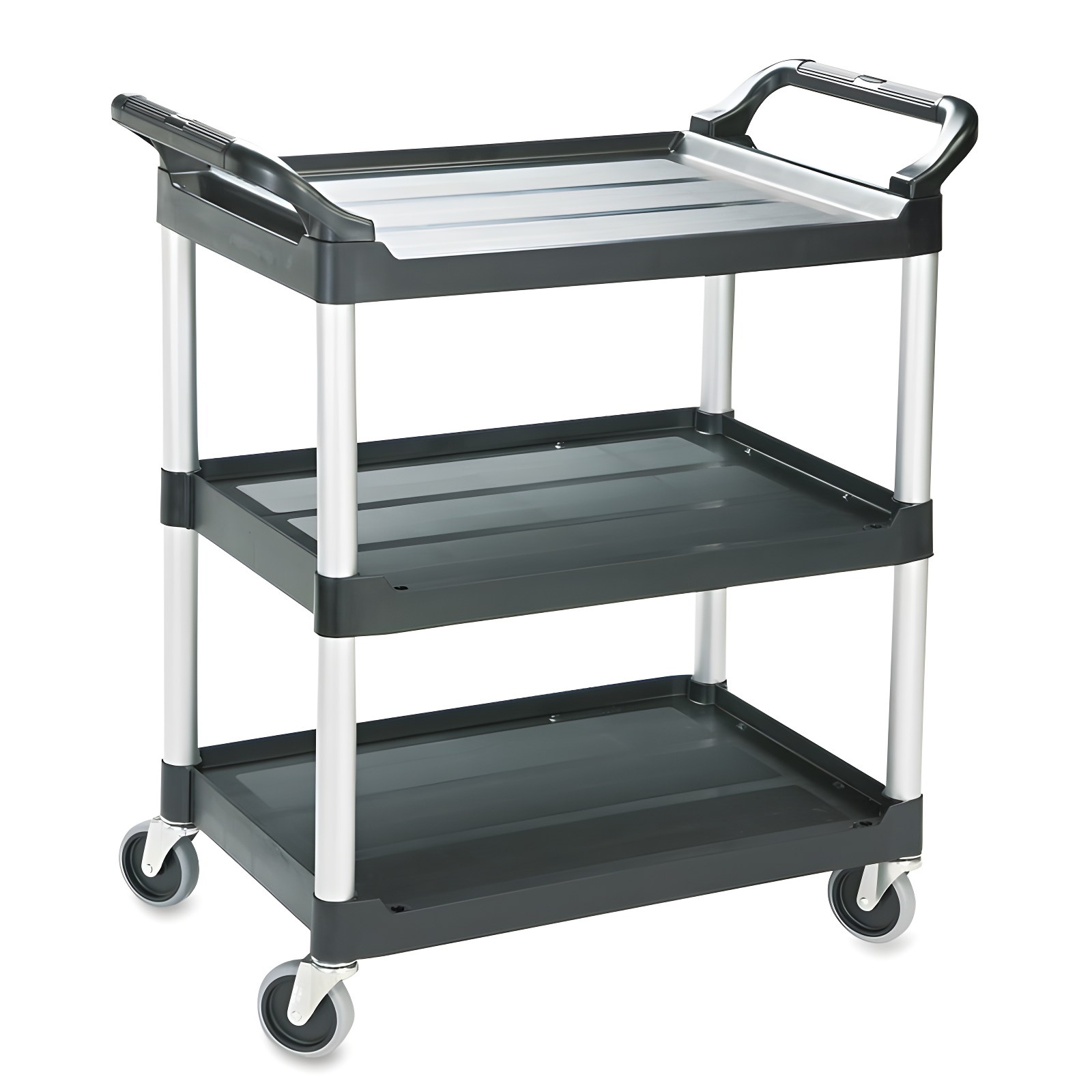 Sleek Black Polypropylene 3-Shelf Utility Cart with Smooth Swivel Casters