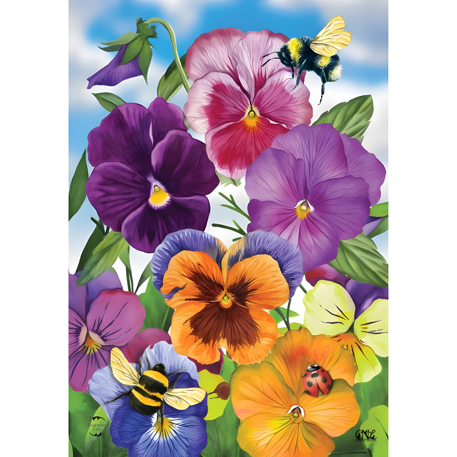 Vibrant Pansies and Bees Spring Garden Flag