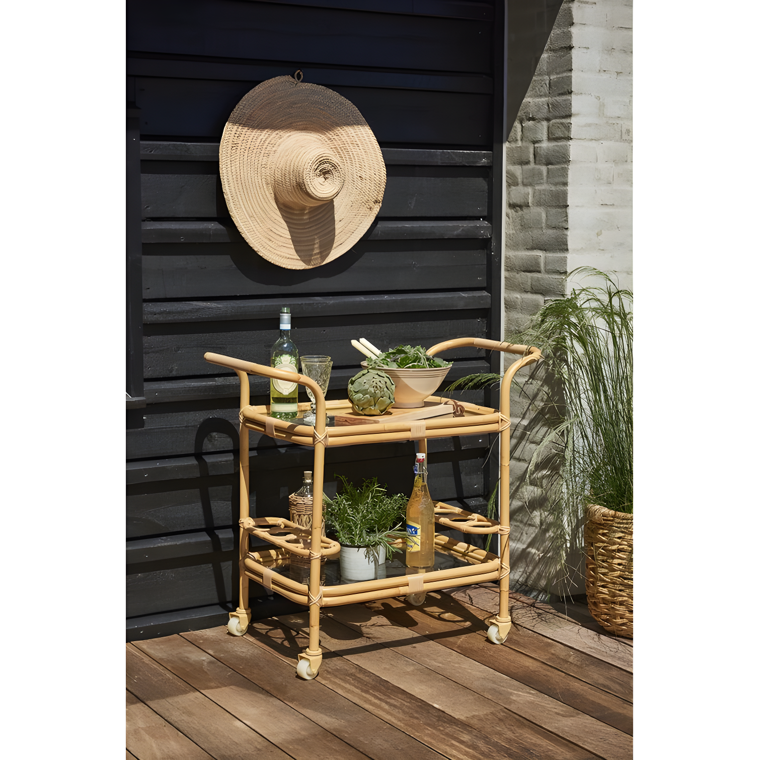 Carlo 1950s Inspired Natural Faux Rattan Outdoor Bar Cart with Wine Rack