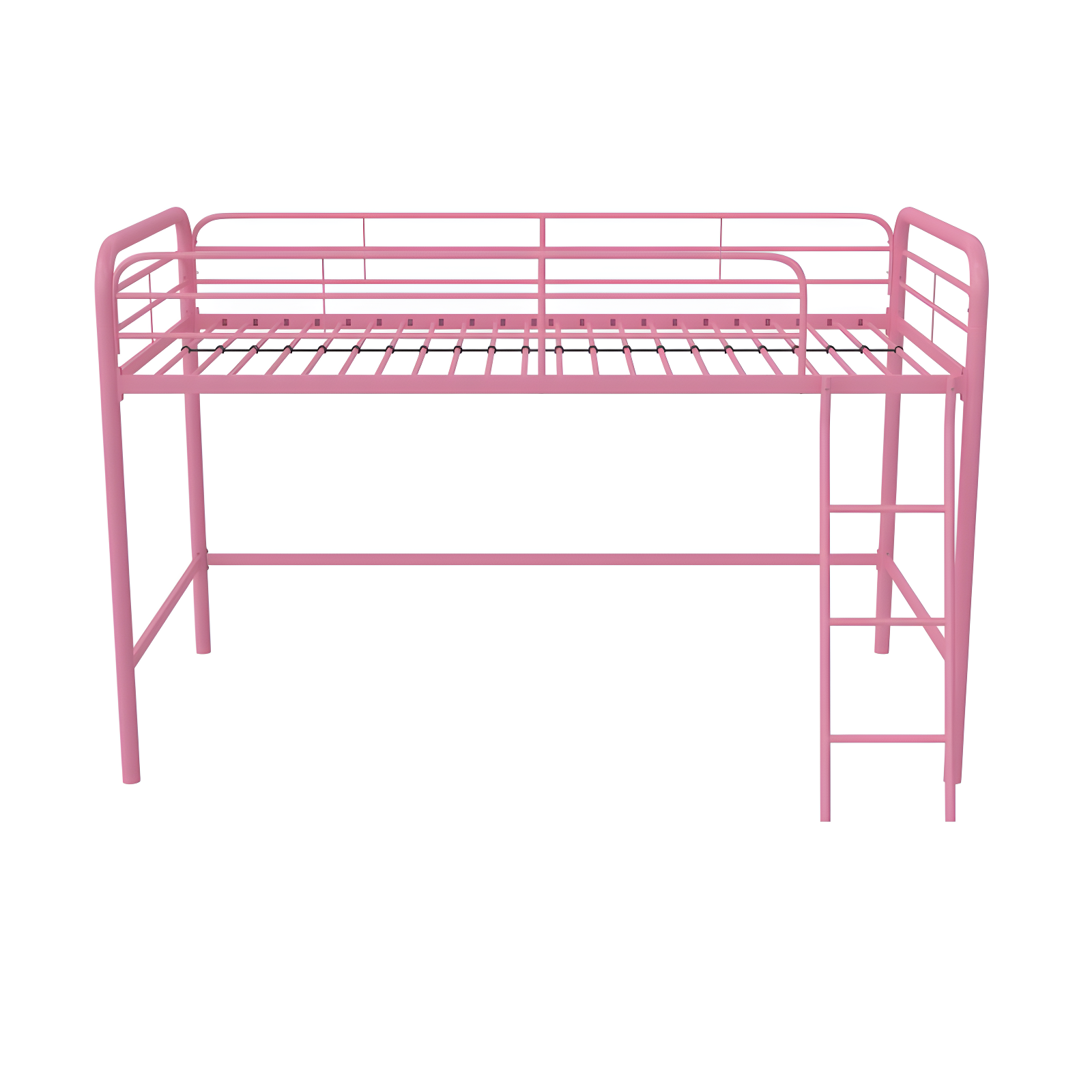 Pink Twin Metal Loft Bed Frame with Slats and Ladder