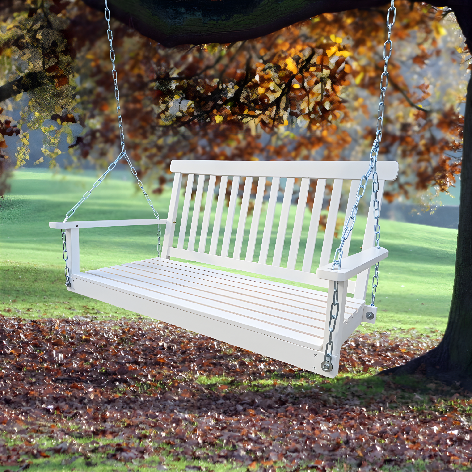 White Wooden 3-Seater Porch Swing with Chains